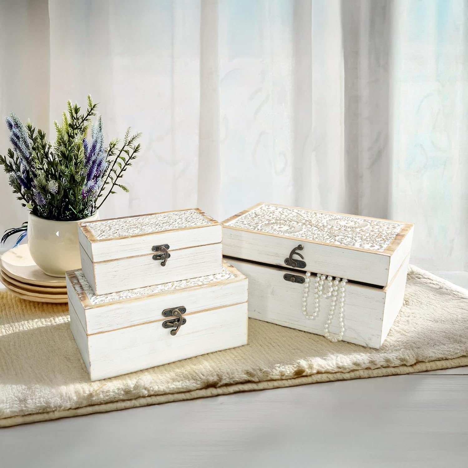 Set of 3 Decorative Wooden Boxes, Rustic Farmhouse Keepsake Box Decorative Boxes with Hinged Lid and Floral Carved Design, Wood Storage Box for Home Decor, White