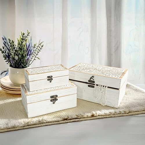 Miniatura 7 de Juego de 3 cajas decorativas de madera, caja de recuerdo rústica con tapa con bisagras y diseño floral tallado, caja de almacenamiento de madera