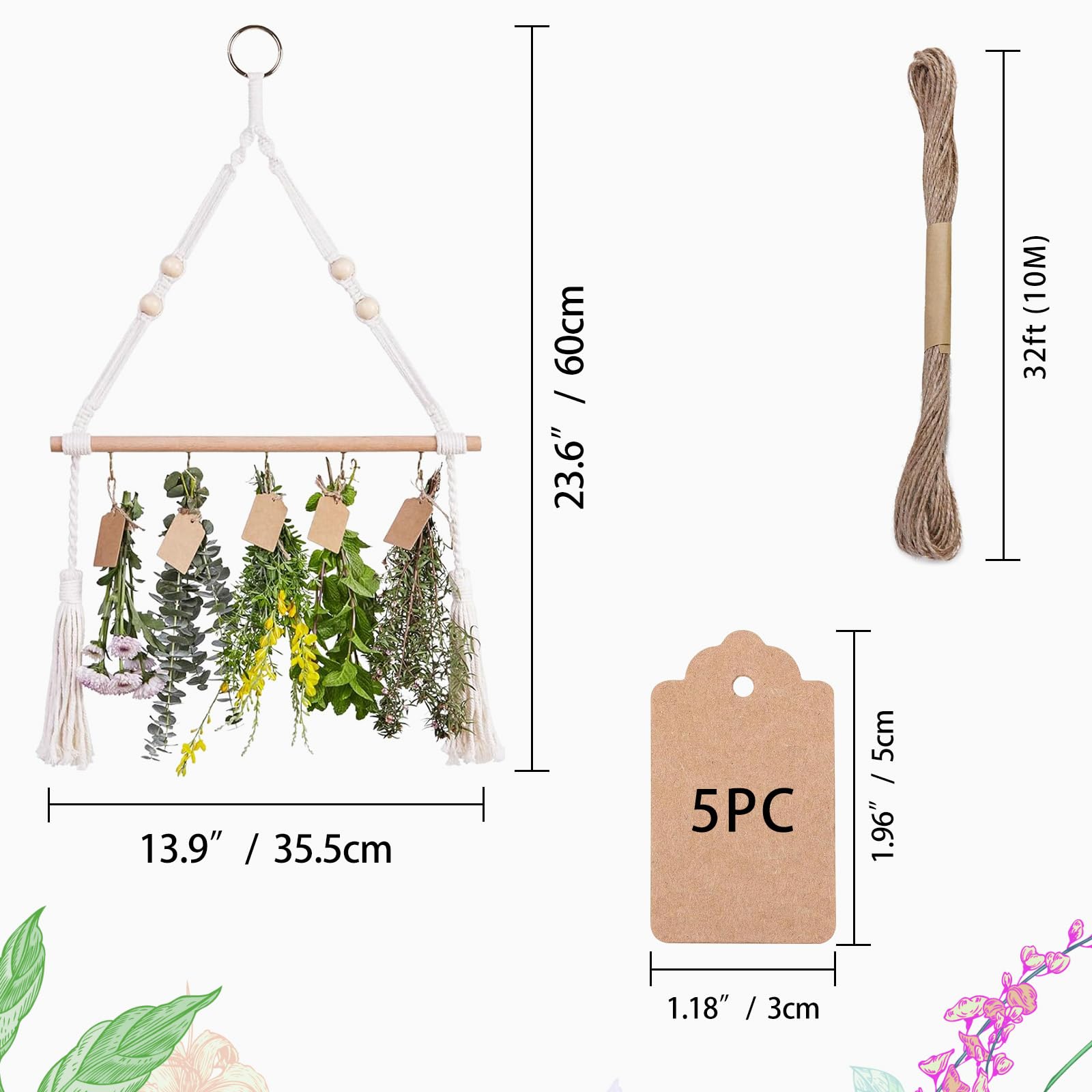 YAHAHARICH Herb Drying Rack with 15PCS Brown Gift Tags and 32ft Natural Jute Twine herb Dryer Flower Drying,Hanging Herb Dryer Rack for Fresh and Aromatic Herbs (1 Tier)