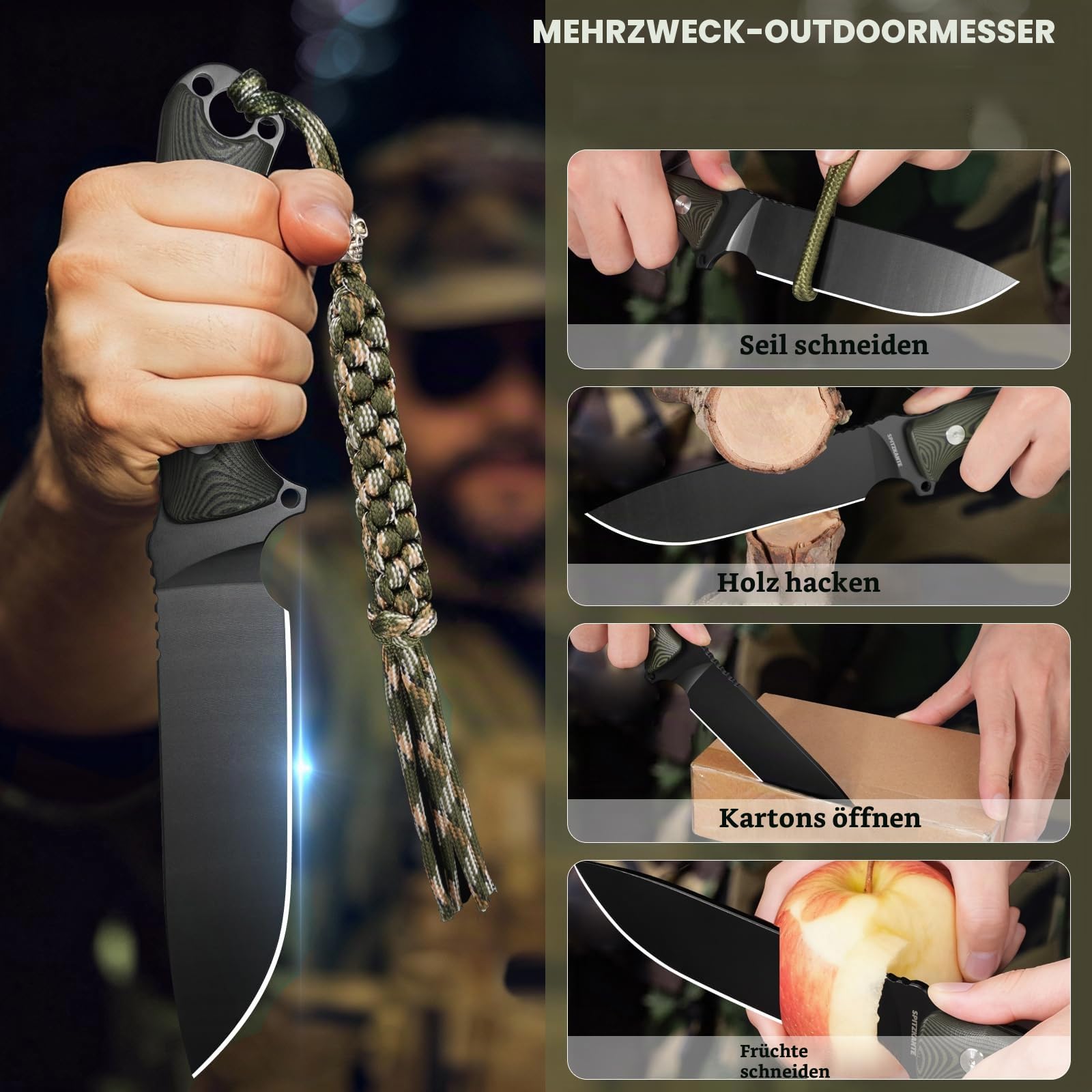 Jagdmesser Feststehende Klinge, Robustes Full Tang Gürtelmesser, 15,1 cm Klinge aus 8Cr14MoV Stahl, Rutschfester G10 Griff mit Scheide, für Camping, Wandern