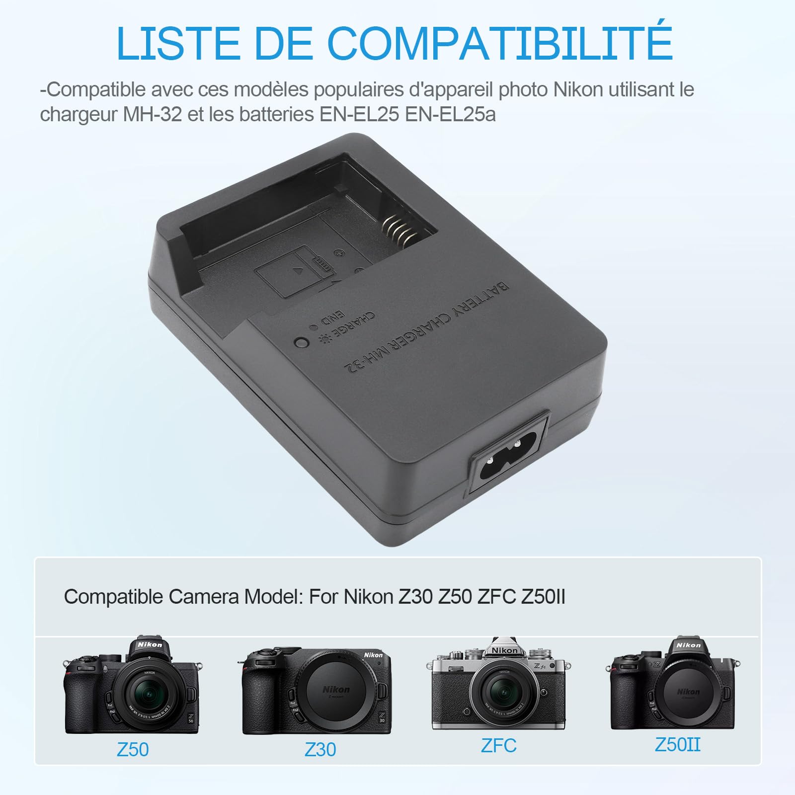 MH-32 Chargeur de Batterie Compatible avec Nikon EN-EL25 EN-EL25a Batterie Z50 Z50II ZFC Z30 Appareil Photo & 120cm AC Power Cord