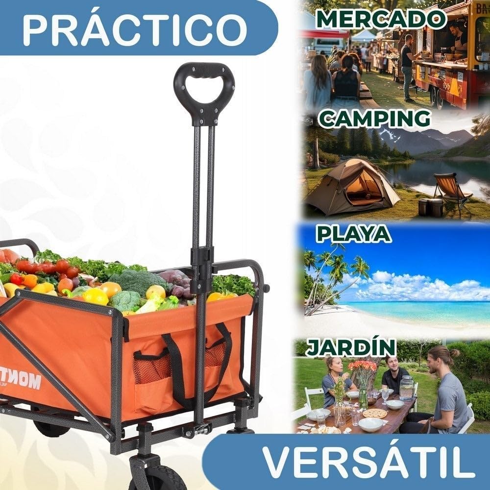 Carro playa de mano trolley, mango regulable, plegable, 2 ruedas giratorias, 69x46x87 cm, acero Epoxi anticorrosión-tejido Oxford naranja, carretilla multiusos, carga 60 kg, camping, jardín, compra