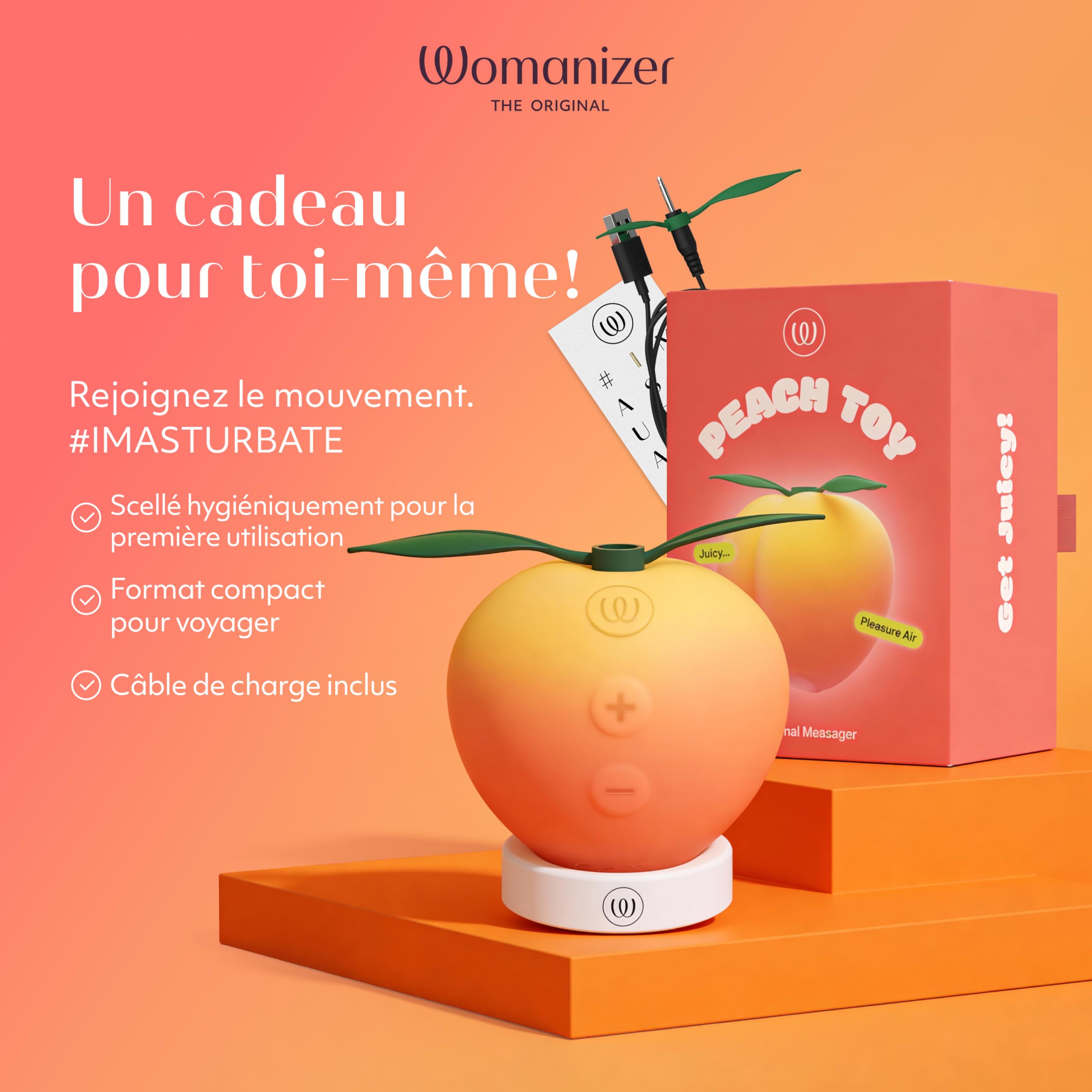 Womanizer Peach Stimulateur Clitoridien | Vibromasseur à Ondes de Pression Air Pulse | 14 niveaux | Rechargeable USB | étanche IPX7 | Avec câble de charge et support | Design Pêche | Autonomie 60 min