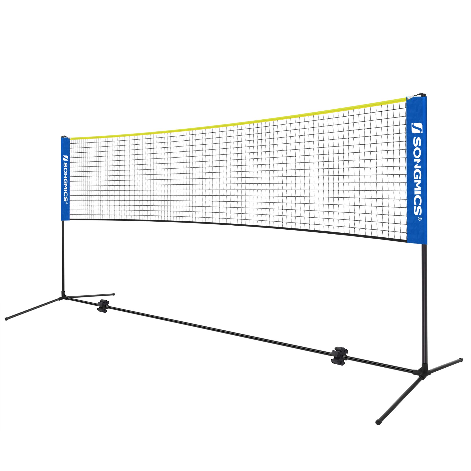 SONGMICS Badminton Net Set, Portable Sports Set for Badminton, Tennis, Kids Volleyball, Pickleball, Easy Assembly, 16.5 Feet Long Nylon Net with Poles, Blue and Yellow USYQ500Q02