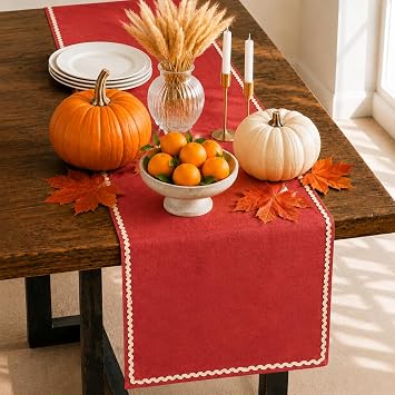 Folkulture Fall Table Runner 90 Inches Long | Burnt Orange Rick Rack