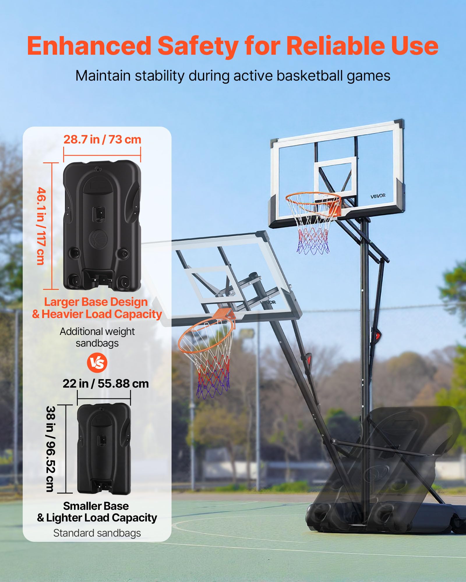 VEVOR Supporto da Basket Portatile Massimo 3,05 m Pallacanestro da Esterno con Piedistallo Regolabile in Altezza Design di Sollevamento, con Ruote e Tabellone PC da 1371,6 mm, per Cortili, Scuole
