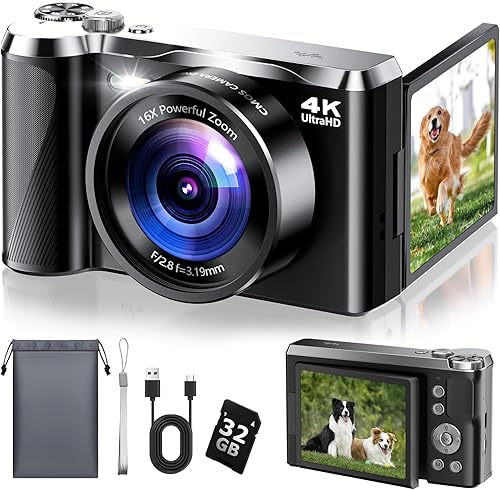 Cámara digital 4K para fotografía - Cámara de vlogging de 56MP con enfoque automático con pantalla abatible de 180° de 3 pulgadas, zoom de 16X,