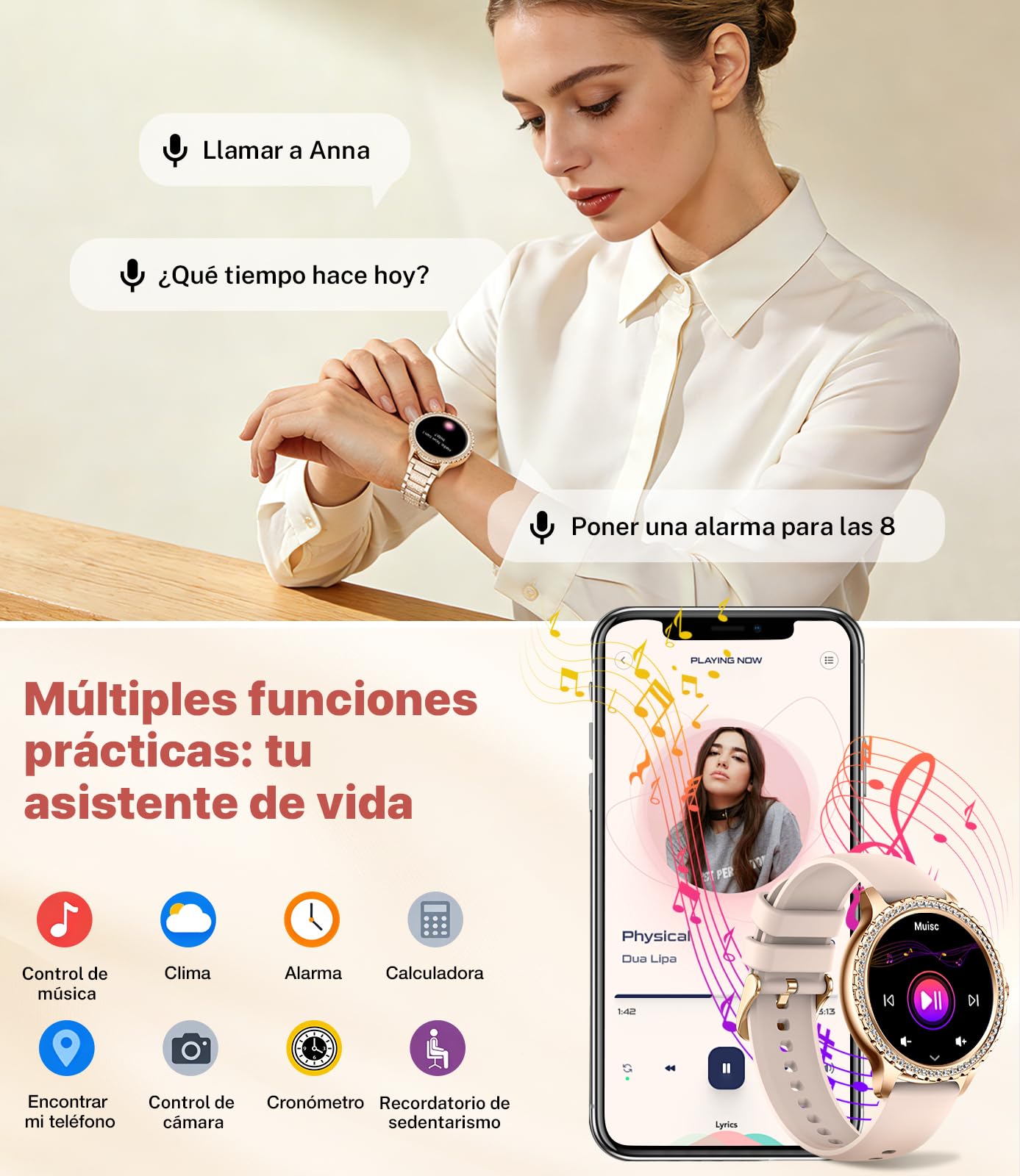 LIGE Reloj Inteligente Mujer, 1.32" Diamante Smartwatch, Oro Rosa | 500+ Esfera, A prueba de agua IP68, 100+ Deportes, Monitor de Sueño, Podómetro, Llamada Bluetooth, Correa de Acero Inoxidable