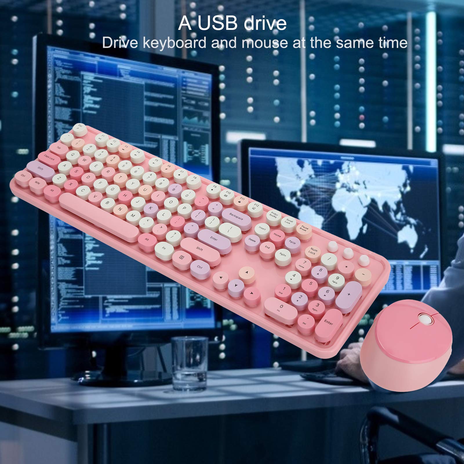 Zunate Teclado Inalámbrico, Teclado Mecánico, Juego de Ratón para Computadora de Escritorio para Pc (Tema Rosa)