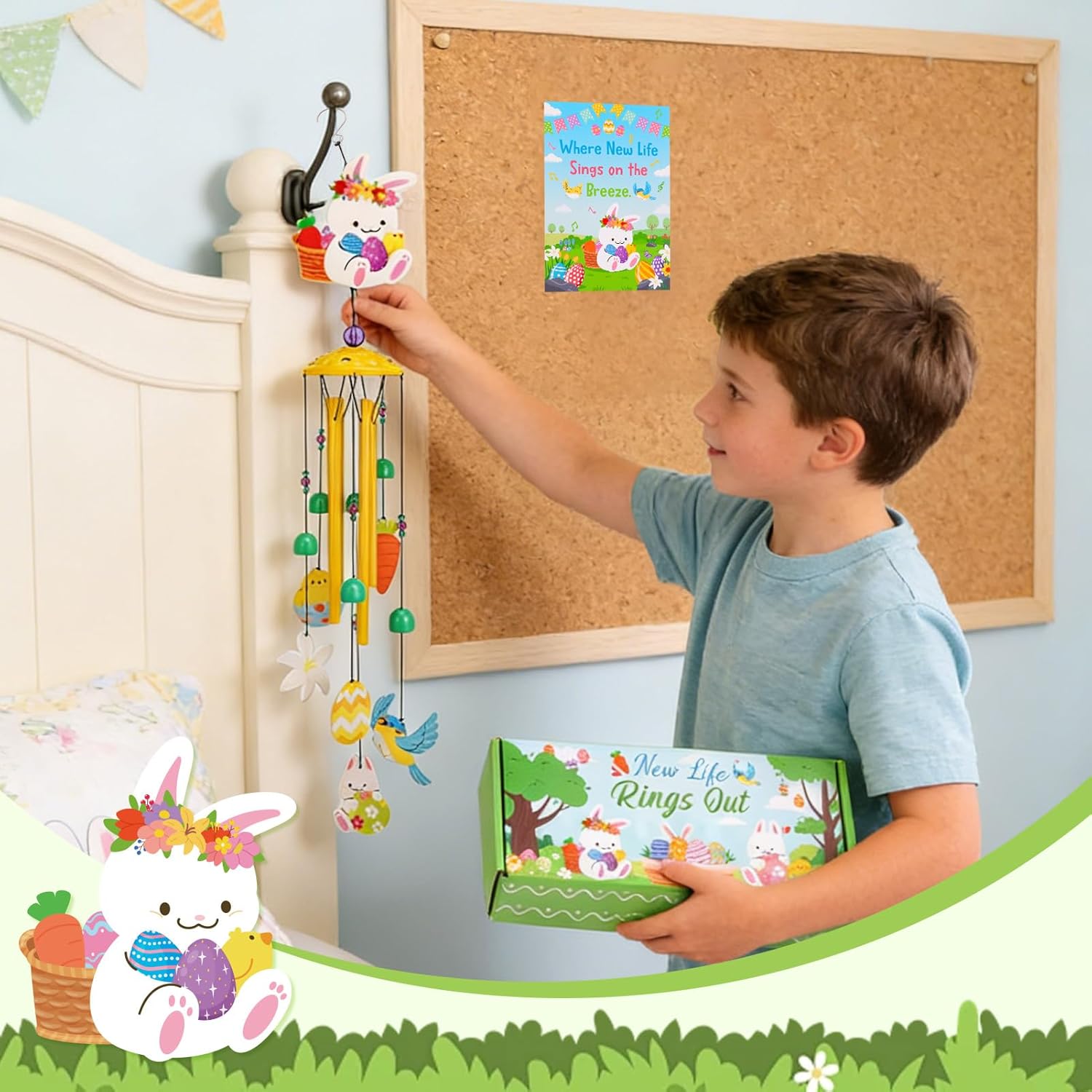 Spring Summer Wind Chimes for Outside, Bunny Floral Pattern Metal Wind Chime with Gift Box, Ideal for Porch Garden Patio Decor