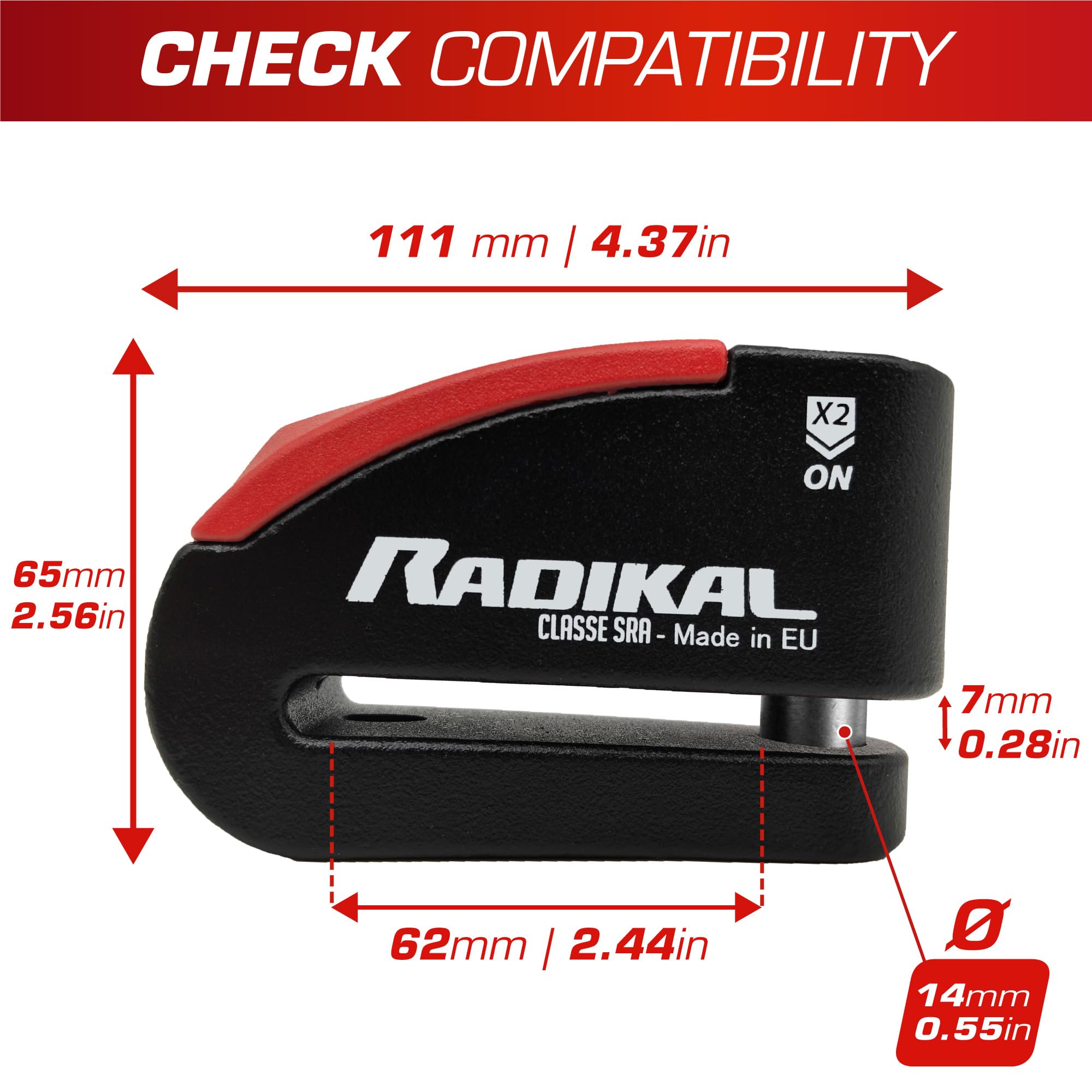 RADIKAL Blokada Anty-kradzieżowa Motocykla RK15 | Alarm 120dB, SRA Wysokie Zabezpieczenie | Funkcja WARNING Anti-Zapomnienie | Blokada Tarczy Stal Cementowana 14mm, Podwójne Ryglowanie, Kontrolka LED.