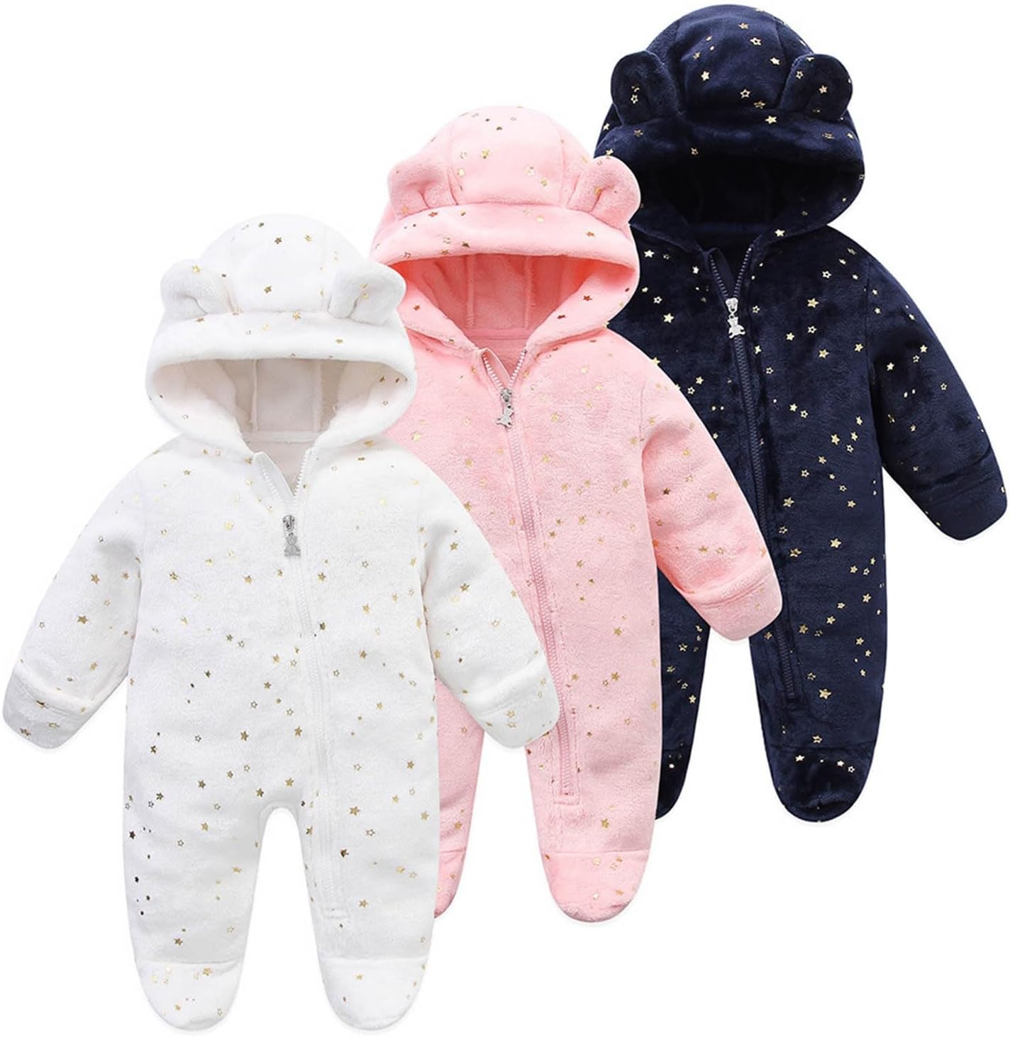Baby Fleece Jumpsuits Infant Newborn Bear Outfit Zipper Hooded Romper Snowsuit for Boys Girls 0-12 Months