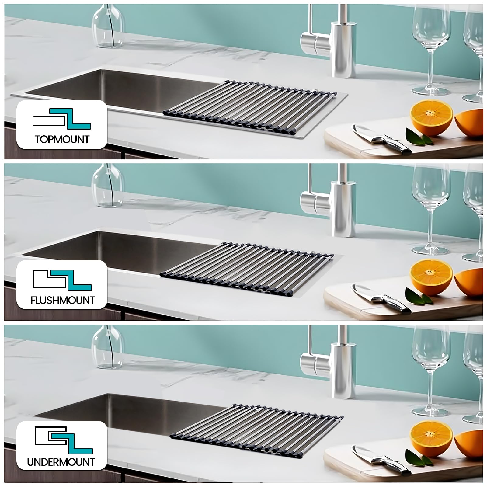 Lavello da Cucina 90 x 50 cm in Acciaio Inox 304, Kit Completo con sifone e Scarico, scolapiatti, Tagliere, Vasca Piccola, Filtro Extra Large, AntiGraffio, da Incasso/sottopiano.