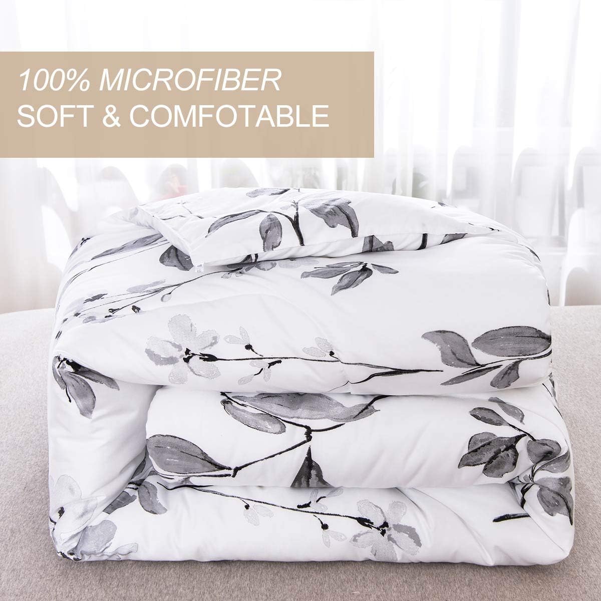 Nanko Queen Comforter Set 3pc, White and Grey Floral Leaf Print Reversible Down Alternative Microfiber Bedding - All Season Duvet and 2 Pillowshams Bed Sets for Women, Size 88x90 Farmhouse Gray Flower - Image 5