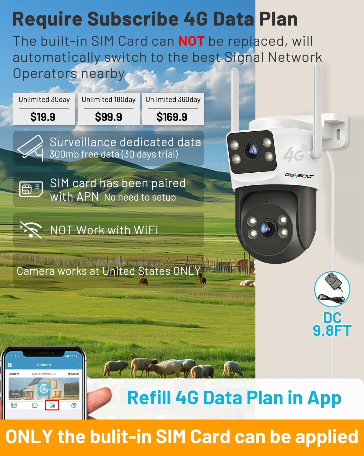 GENBOLT 4G LTE Cellular Security Camera Outdoor No WiFi, Dual Lens PoE Surveillance Camera CCTV with Sim Card, 24/7 Recording Plug in Wired IP Cam with Auto Tracking Human Detection