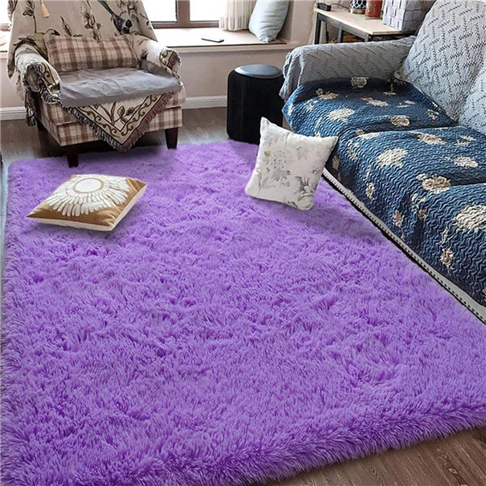 Tapis de chambre violet 200x300 cm grand format et doux à poils longs pour salon moderne