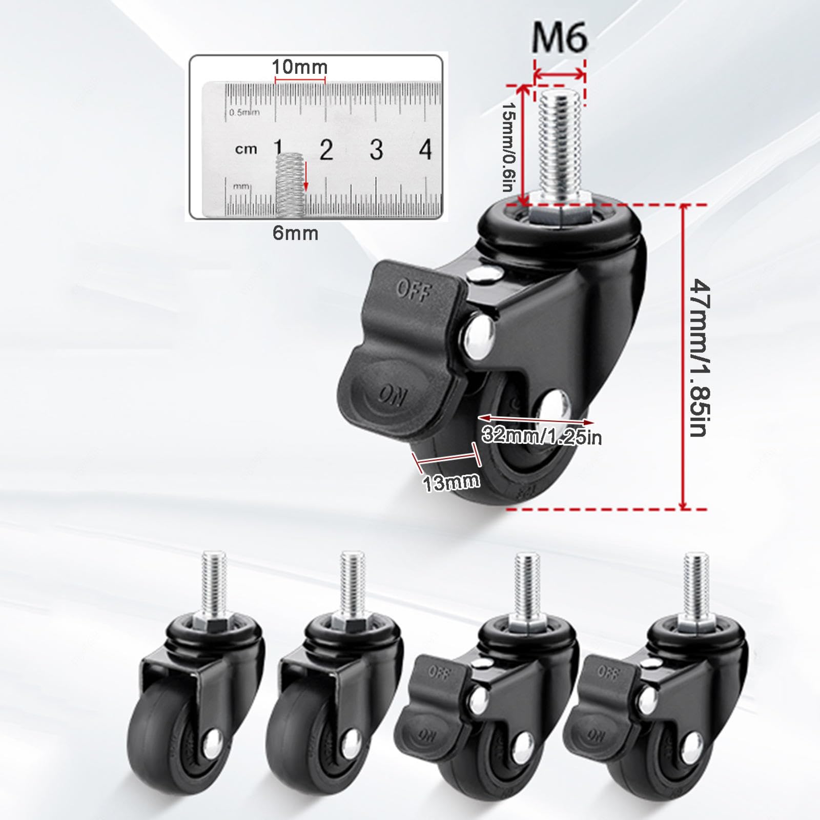 TPE Gummiräder mit Bremse,Schwenkbare Lenkrollen für Kinderbetten,Möbel-ErsatzFußräder,Schwarz-M6/M8/M10 Gewindestange,für Trolley Werkbank,M6-4brakes
