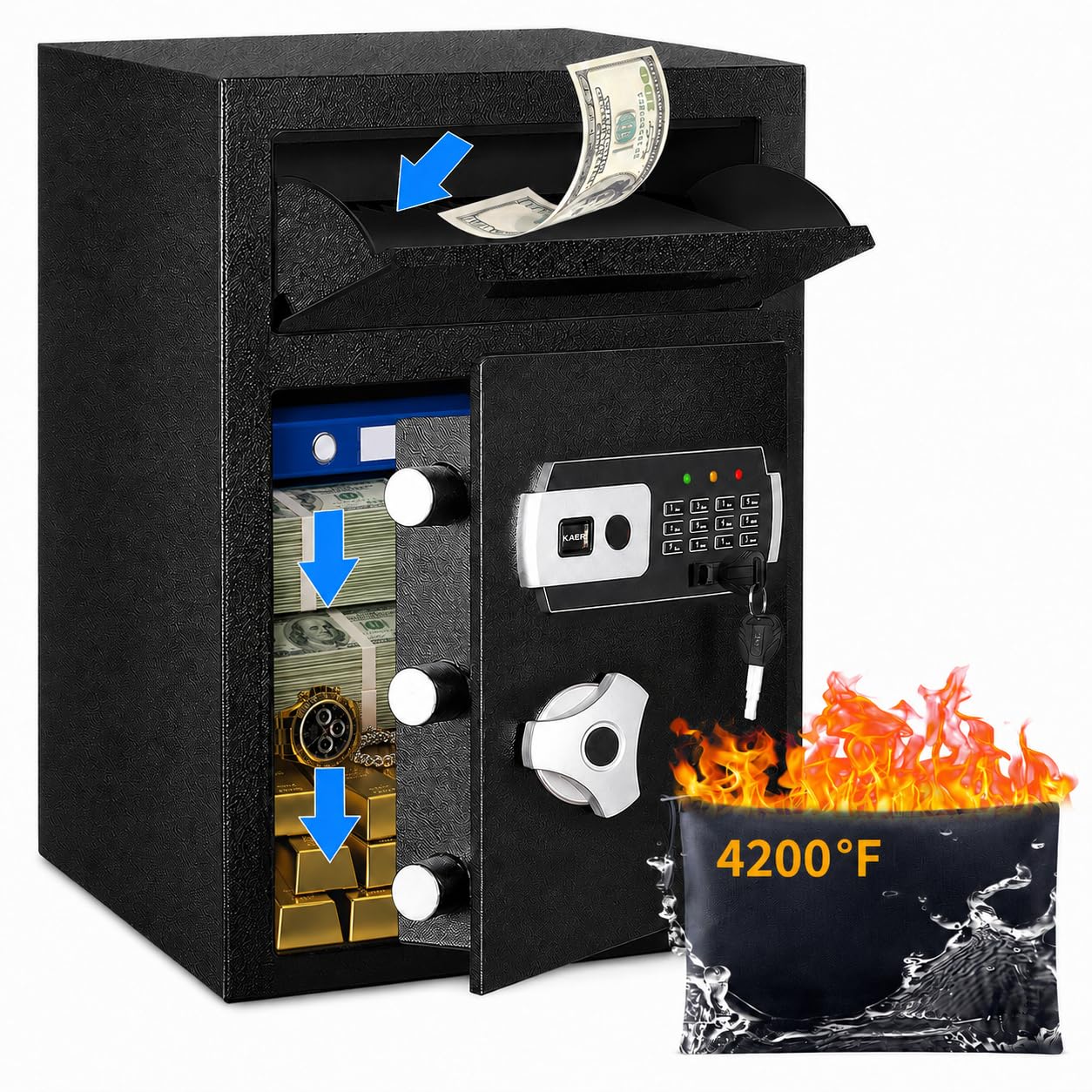 2.8 CUB Drop Safe for Business, Electronic Safe Box with Digital Combination and Anti-Fishing, Depository Safes with Fireproof Waterproof Document Bag, Security Safe for Slips Expense Office Home