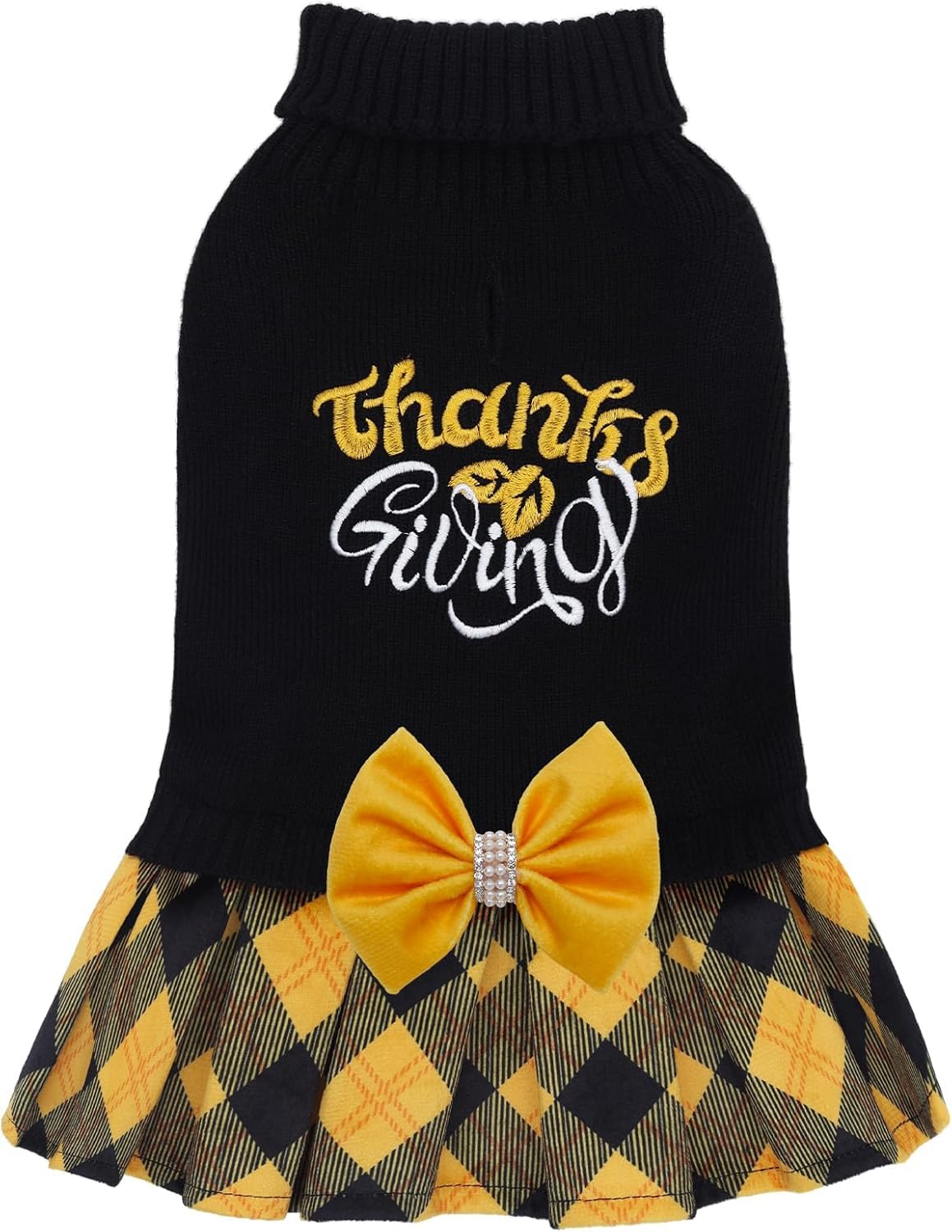 CuteBone Thanksgiving Dog Jumper Dress for Small Dogs Girls, Thanksgiving Embroidery Turtle Neck Medium Dog Jumper with Bowtie, Pet Clothing for Chihuahua Yorkie Tea Cup DS108S-DE