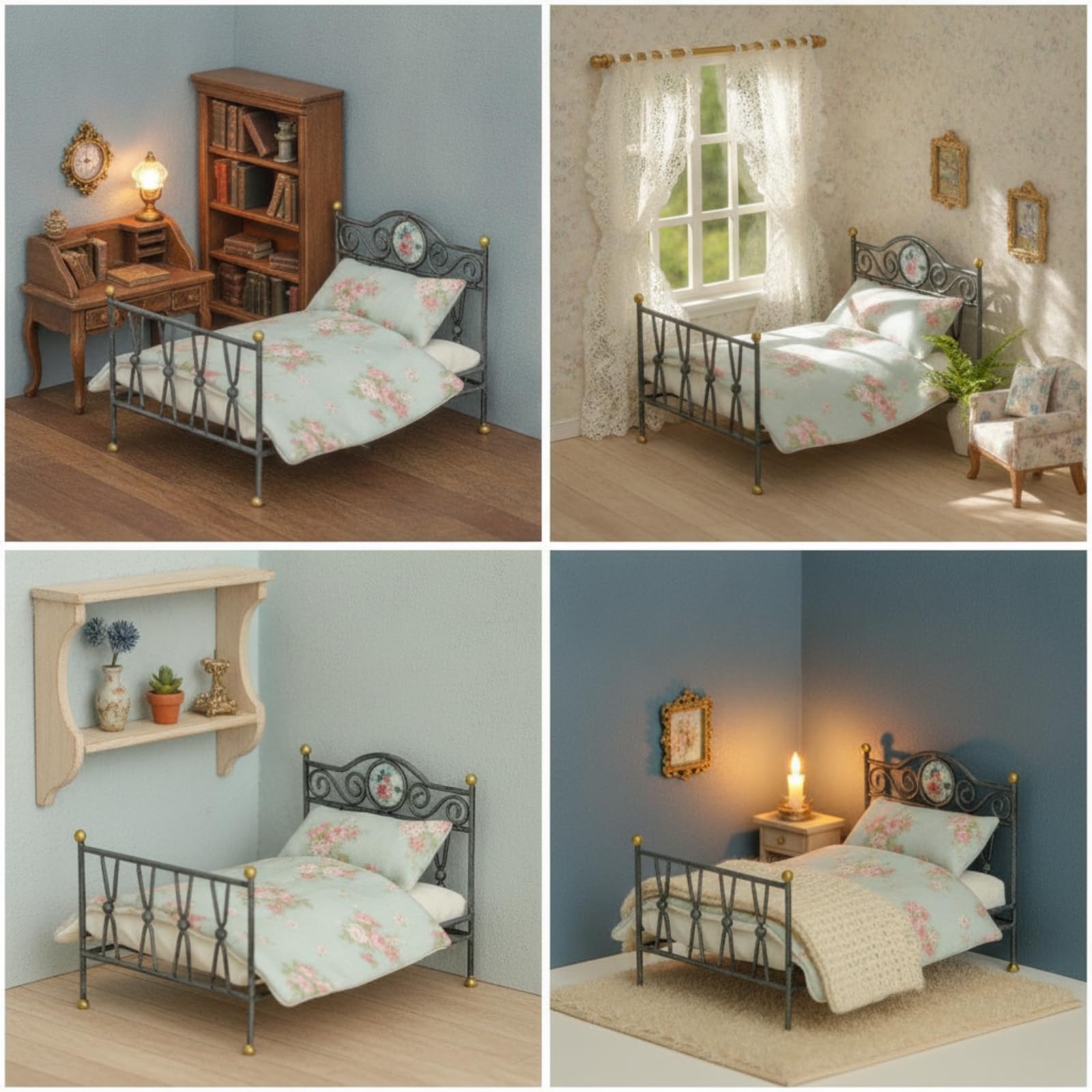 Letto in Miniatura Letto Bambola Letto, Nero, Letto In Ferro Retrò Con Biancheria Da Letto In Pizzo