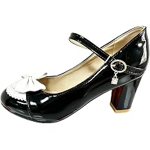 HILIB Women's Bow Decor Gloss Patent Leather Buckle Strap High Heels