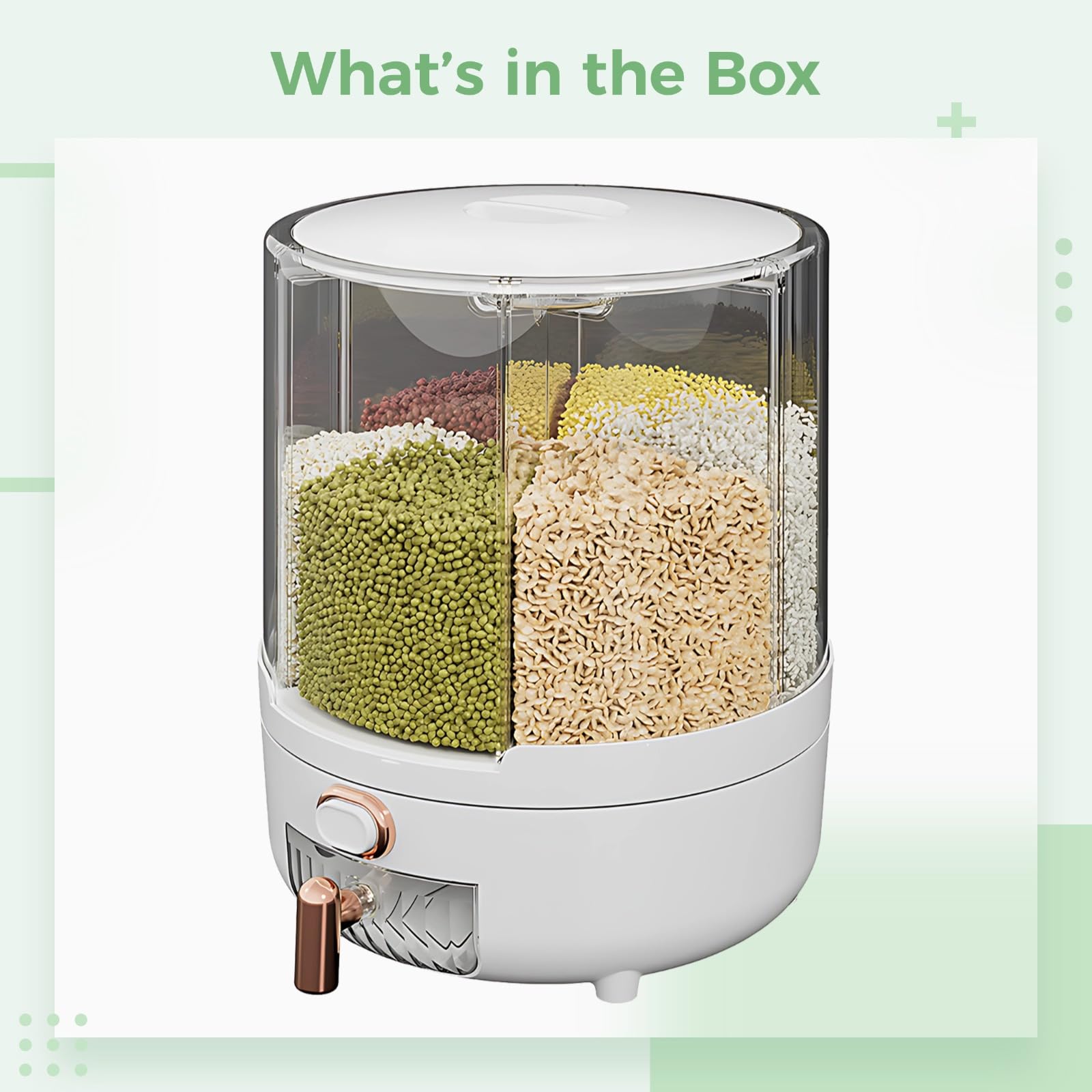 Contenitore per cereali con tazza versante, grande dispenser per alimenti secchi rotante a 360, dispenser per cereali a sei scomparti, dispenser per farina per dispensa cucina trasparente