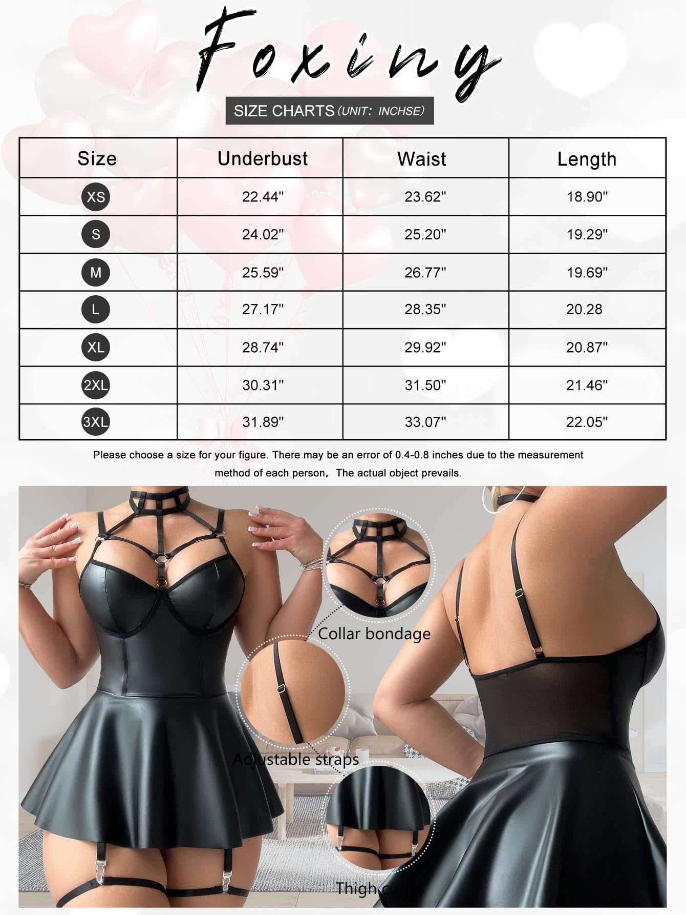 Foxiny Sexy Strappy Leather Underwire Choker Garter Belt Mini Lingerie Set Dress with Thong 3 Piece: Regular Medium Black