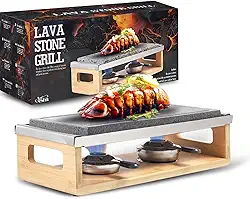 Artestia Churrasqueira de mesa de pedra vulcânica para carne com suporte de bambu, churrasqueira sem fumaça ao ar livre com pedra vulcânica natural de aquecimento rápido, ideal para jantar e diversão