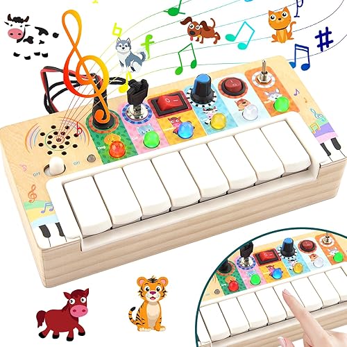 Busy Board Toys for Toddlers, Wooden Montessori Toys with Keys 6 Led Light Switch for Toddlers, Sensory Board Educational Activity, Travel Games & Gifts for Kids Boys and Girls 3+ Year Old