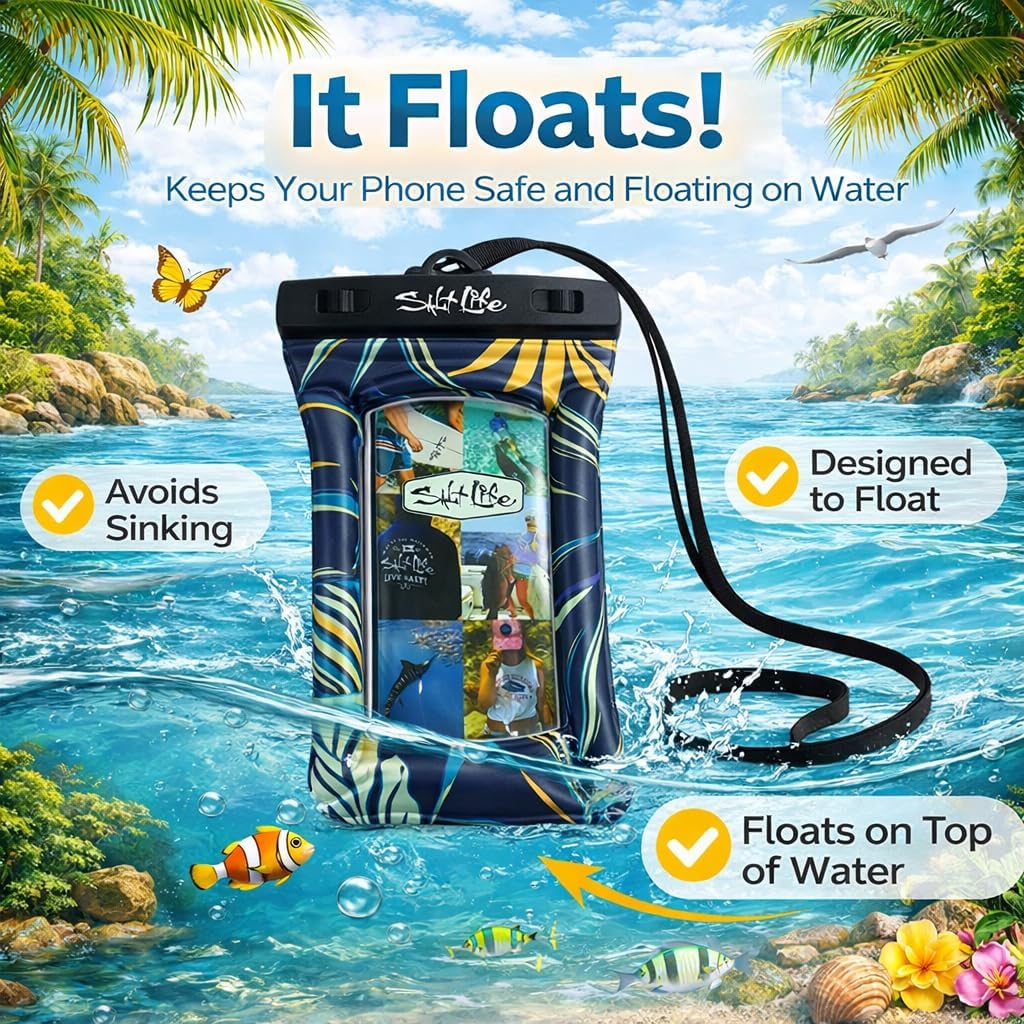 Salt Life Floating Waterproof Phone Case– IPX8 100% Waterproof Phone Case that Floats in Water, Universal Phone Dry Bag with Touchscreen Clear Window, Secure Seal Closure & Lanyard (Aqua)