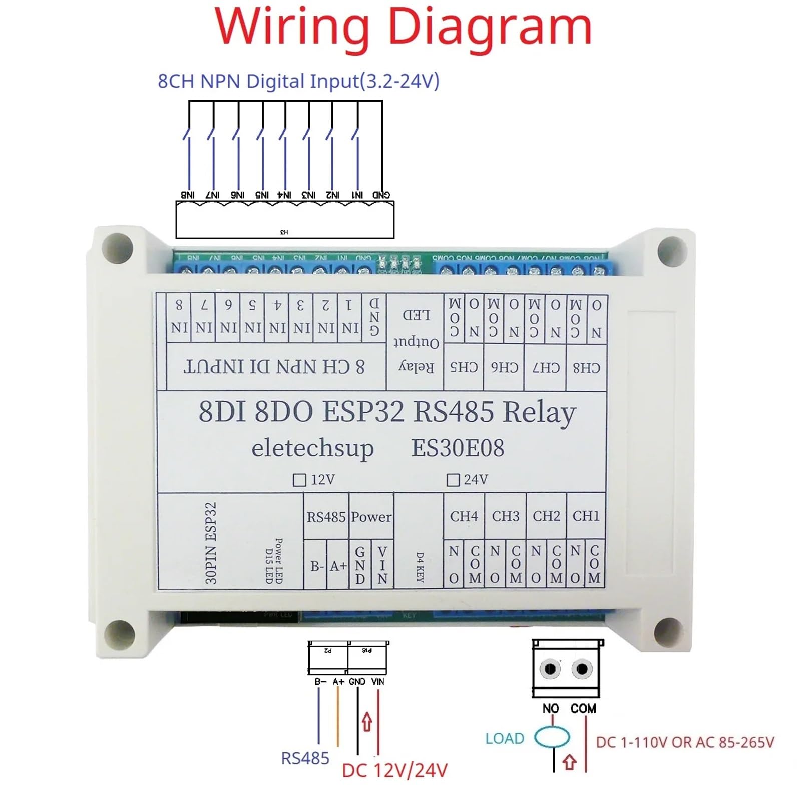 1 pz 8 canali DC 12V 24V relè Wi-Fi 30 pin ESP32 scheda di espansione programmabile modulo Modbus RS485 IO(DC 24V)
