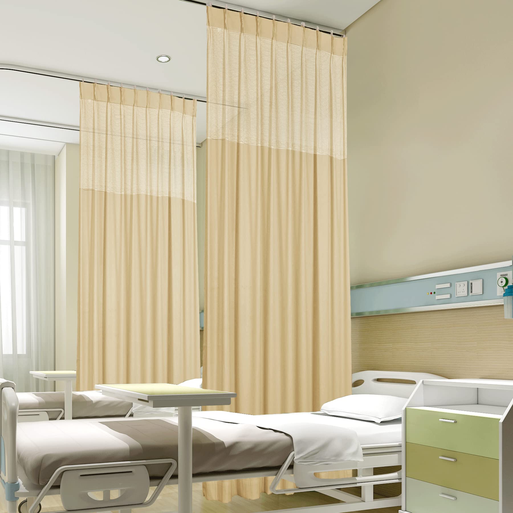Fcosie 8ft Wide x 7ft Tall Hospital Curtain Divider for Room Separation Mesh Top Medical Exam Room Privacy Curtains with Pinch Pleated Header Office Hospital Bed Cubicle Curtain, Bean, 1 Panel