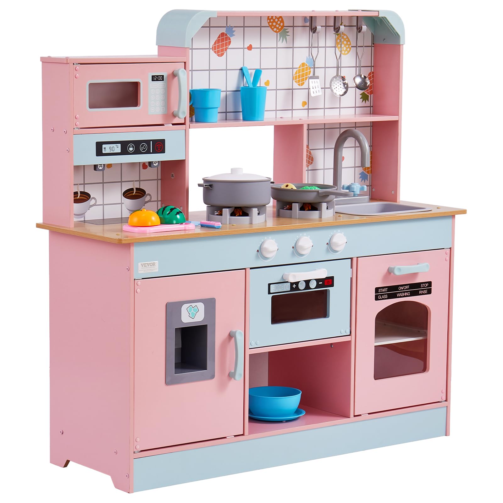 VEVOR Giocattolo Cucina per Bambini, Set Giocattolo da Cucina per Bambini in Legno con Luci Suoni Macchina per Ghiaccio Forno Lavello Microonde Frigorifero Utensili, Giocattolo Cucina, 24 pz, Rosa