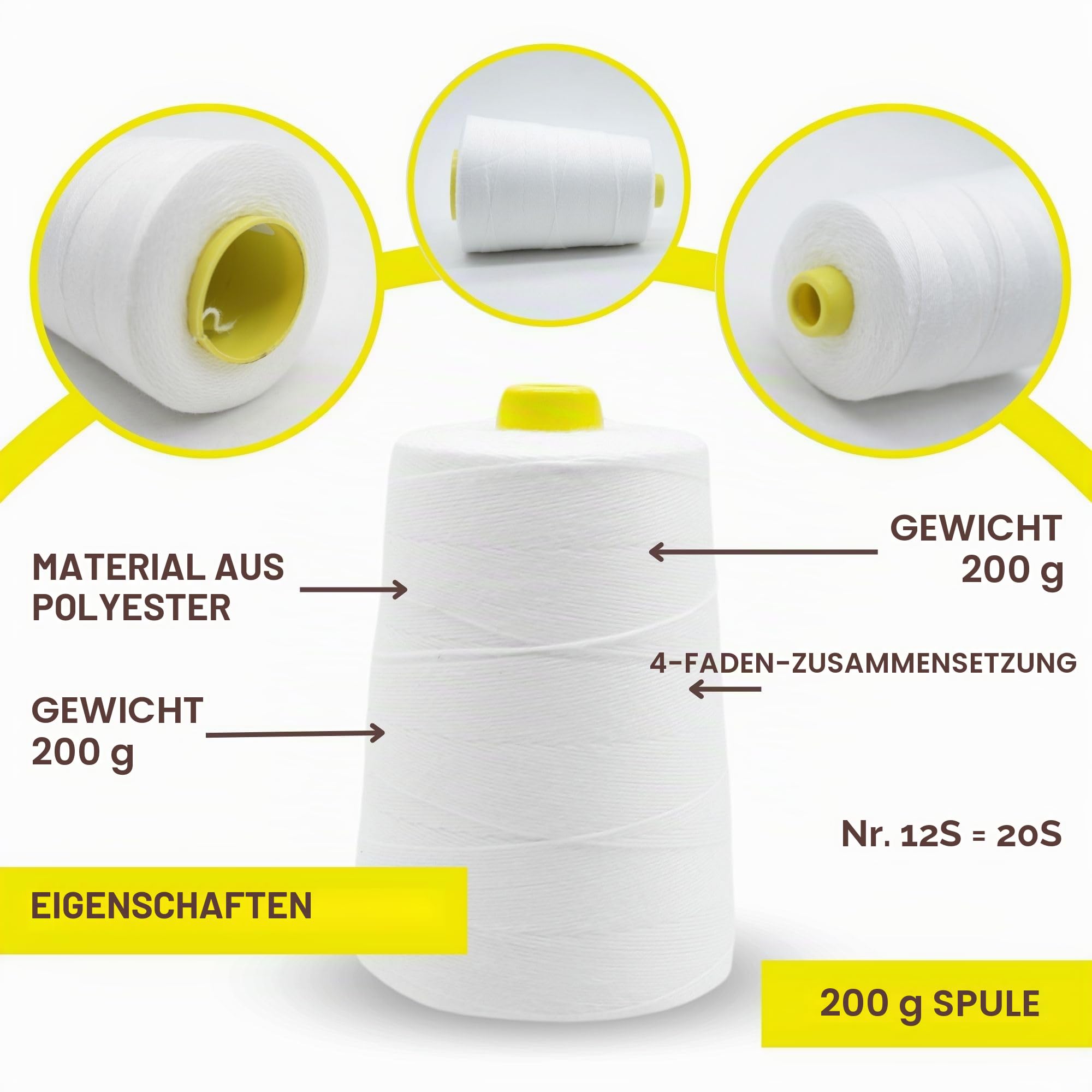 DOJA Barcelona | Nähgarn für Säcke | 30 Polyester Garn | 12S/20S 4 Fäden | 200gr | 1020m | Weiß | Sack-Nähmaschinengarn | Beutelnähmaschinengarn | Reißfester Nähfaden, Sacknähgarn