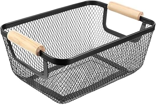 AJIODA Metal Mesh Steel Basket, Small Wire Storage Organizer Basket Multi-function Hanging Kitchen Basket with Wood Handle for Kitchen Bathroom Picnic Home, Rectangle-Black