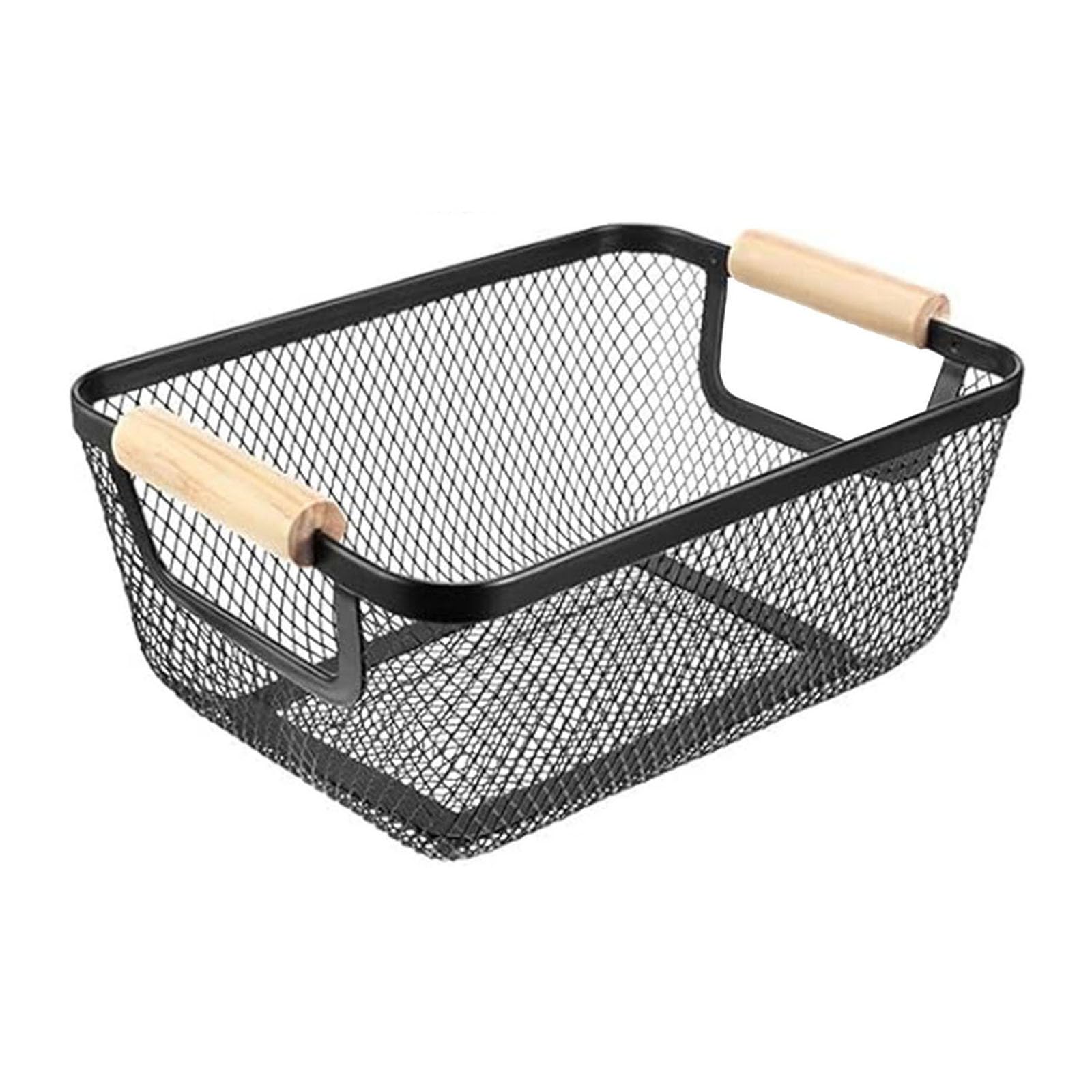AJIODA Metal Mesh Steel Basket, Small Wire Storage Organizer Basket Multi-function Hanging Kitchen Basket with Wood Handle for Kitchen Bathroom Picnic