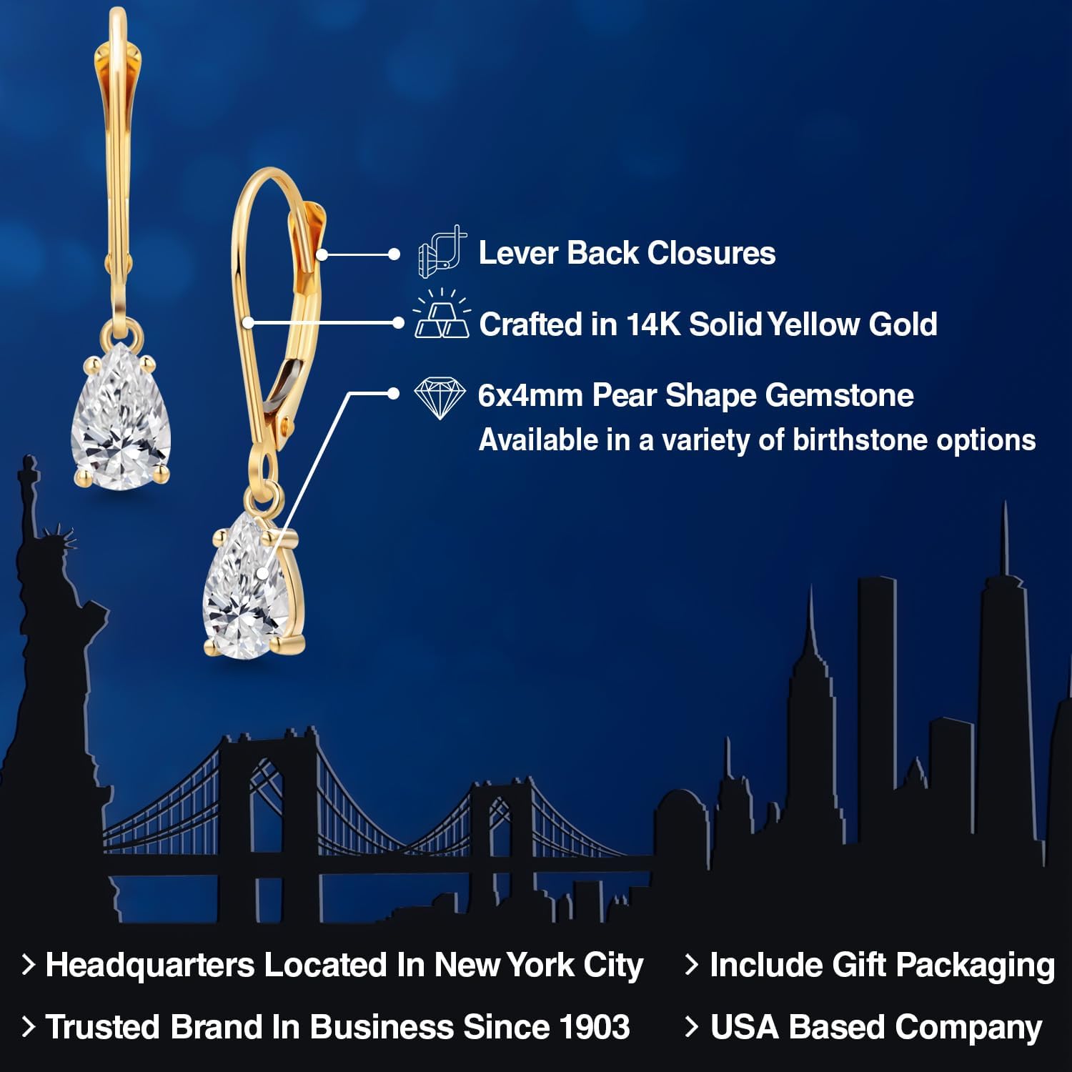 Gem Stone King 14K Yellow Gold Gemstone Birthstone Leverback Dangle Earrings for Women | Pear Shape 6X4MM | Gold Jewelry for Her Mom Wife - Image 2