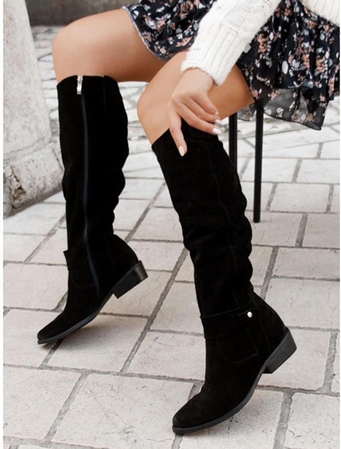 Women Mid Calf Slouch Boots Suede Slouchy Knee High Boots for Women Wide Calf Round Toe Chunky Low Heel Booties with Side Zipper Retro Casual Fall Winter Dress Riding Booties - Image 2