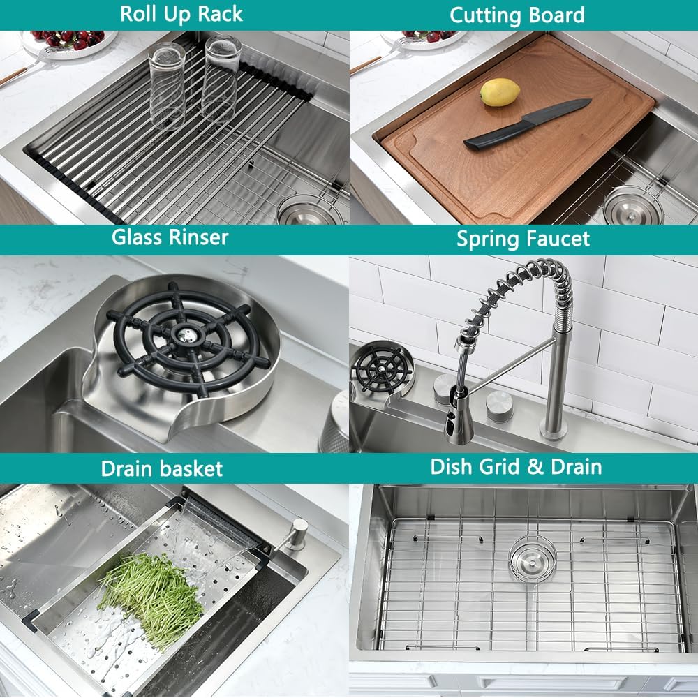 33 Inch Drop In Waterfall Kitchen Sink with Faucet Combo, 33x22 Drop In Kitchen Sink Workstation Stainless Steel Top Mount 16 Gauge Multifunction Deep Single Bowl Smart Sink Kitchen