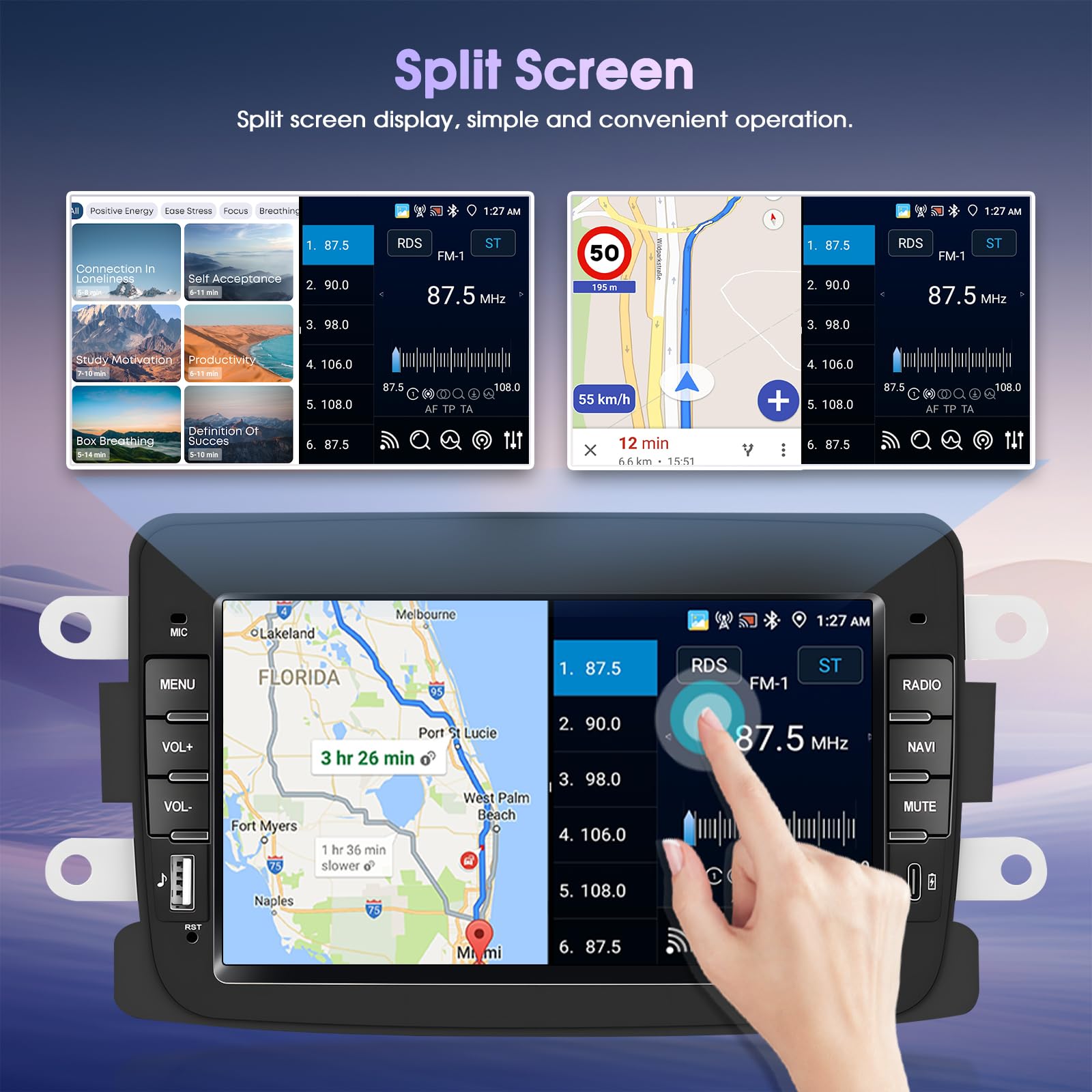 Autoradio 4+64G Android 15 per Dacia Logon Duster Captur Sandero Symbol Lodgy LadaXray, 1 DIN 7'' Stereo Radio Bluetooth 5.0 IOS Carplay Android Auto Radio EQ GPS WiFi Supporto DAB