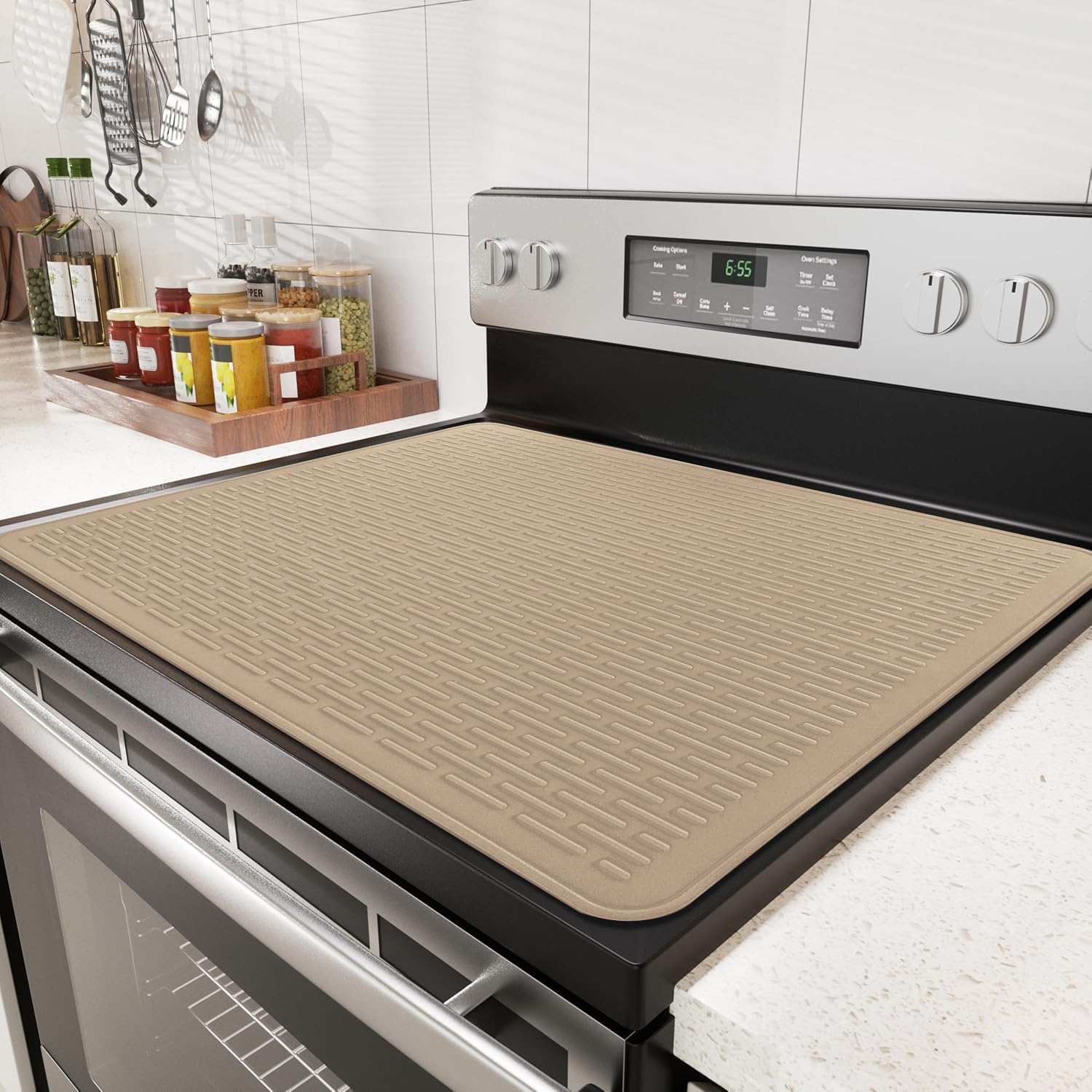 Stove Top Cover for Electric Stove - Food Grade Ceramic Stove top Cover, Silicone XXL Dish Drying Mat, Glass Cooktop Covers, Flat RV Range top Mats (Green,28x20)