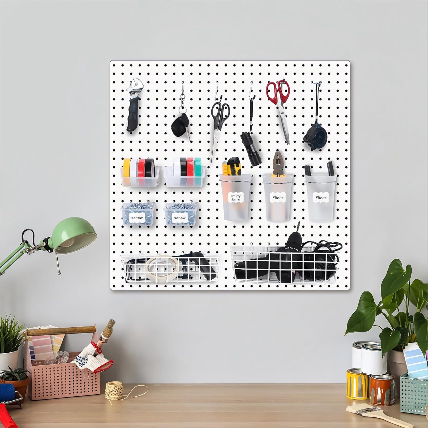 95-Piece Pegboard Accessories Set with Hooks, Cups, Wire Shelf, Tissue Box, Clothes Board for Garage, Workshop (Clear)