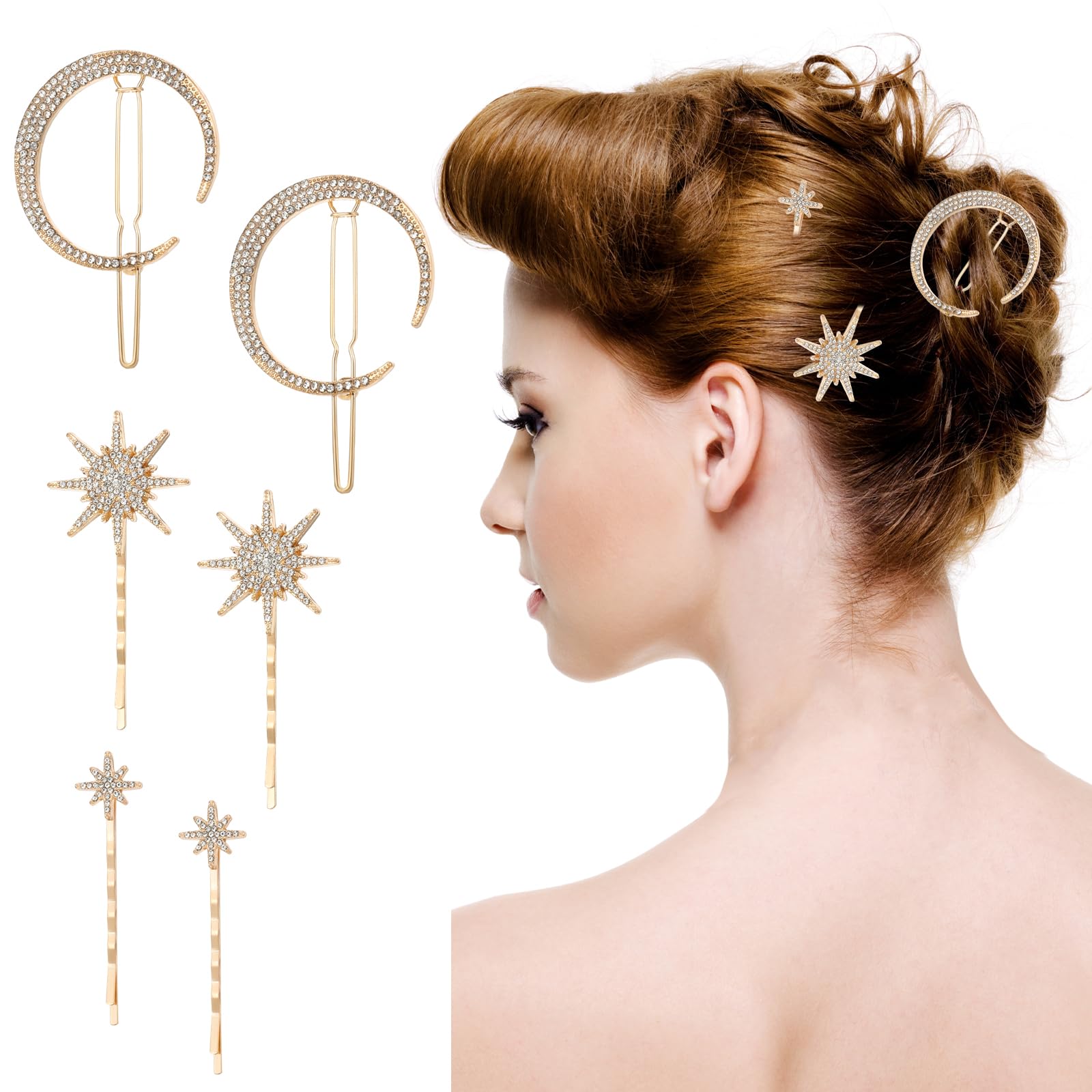 JIYIN6 Pcs Rhinestone Stars Moon Hair Clips, Vintage Star Moon Hair Pin Crystal Decorative Bobby Pin, Bride Wedding Hair Pins Rhinestone Star Side Clip Hair Accessories for Women(Gold)
