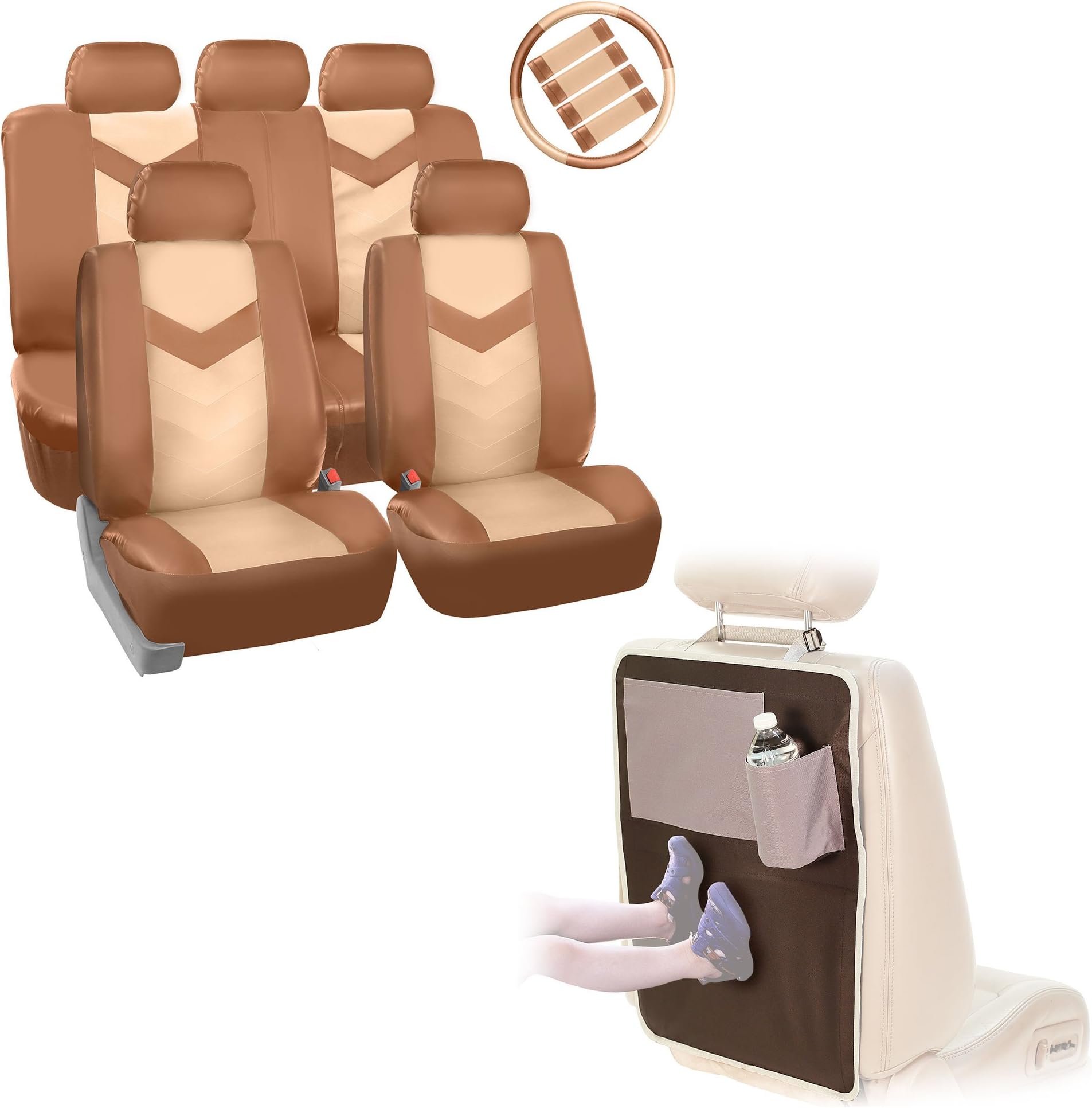 FH Group Final Sale Pu021115 Synthetic Leather Full Set Auto Seat Covers W Steering Wheel Cover & Seat Belt Pads W Beige Tan Color Fit Most Car Truck Suv Or Van One Size Beige/Tan-Combo