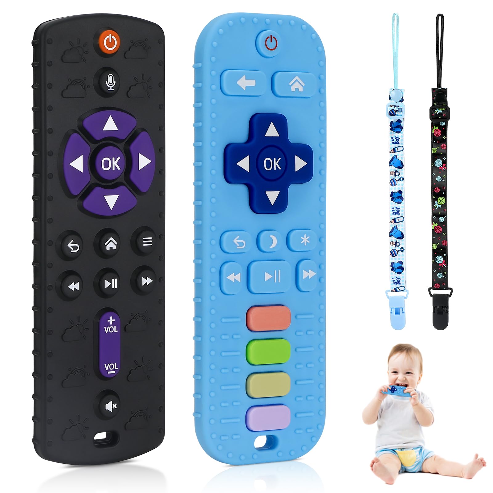 Beißring Baby,2 Pack Silikon Fernbedienung Beissring,BPA-frei Zahnungshilfe Baby mit Drückbare Schaltflächen,Schnullerkette,Lebensmittelqualität Silikon Badespielzeug für 0-12+ Monate (Noir et Bleu)