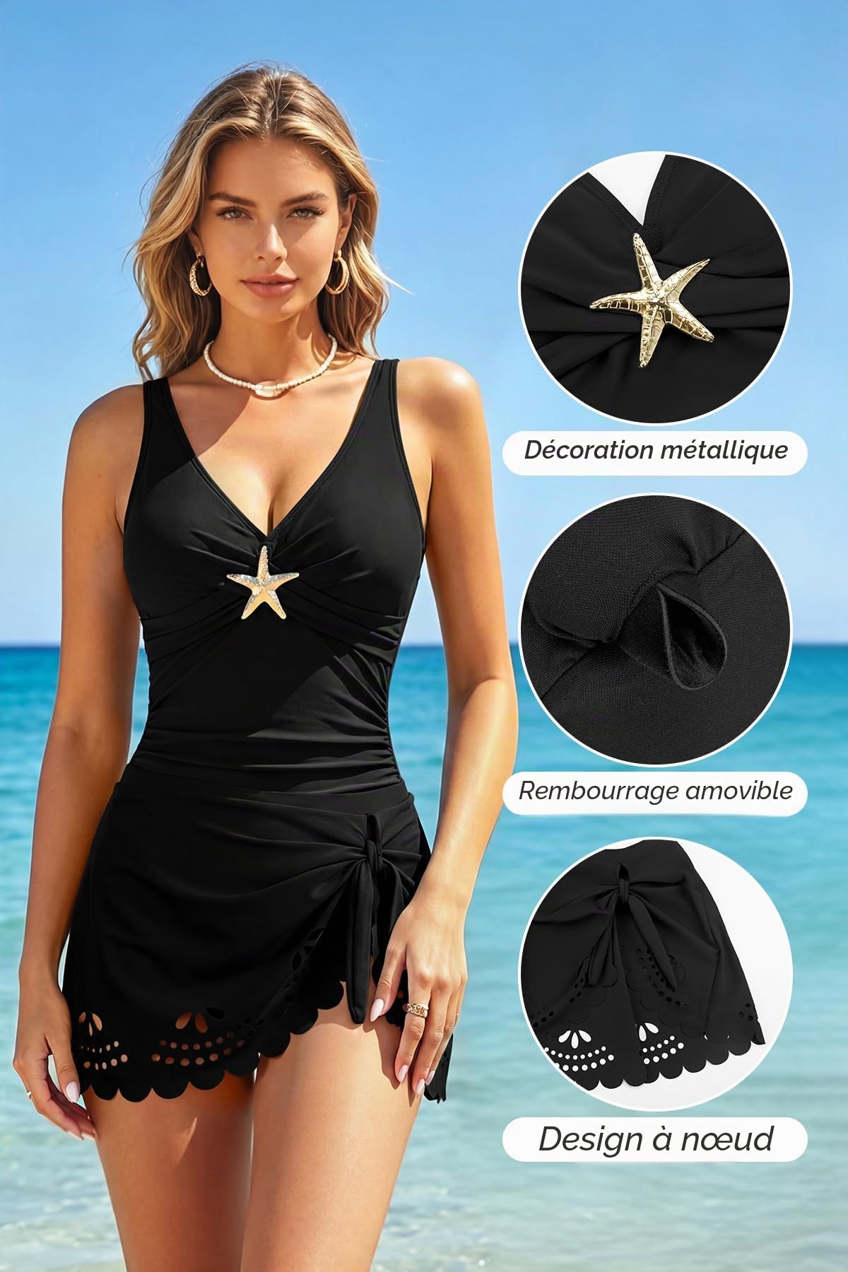 SHEKINI Maillot de Bain Une Pièce Femme avec Jupe de Bain V-Coupe Contrôle du Ventre Maillot de Bain Femme 1 Piece