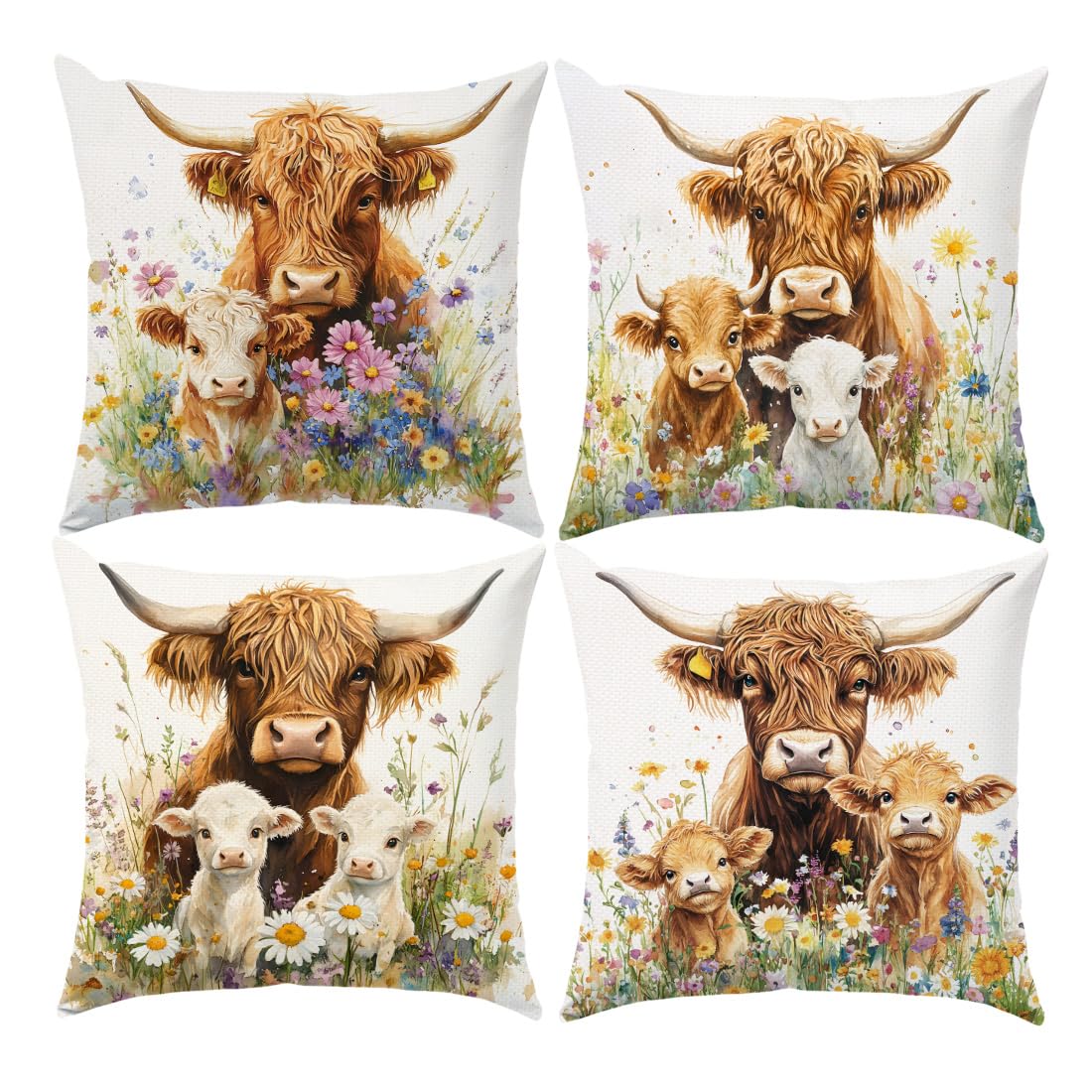 LANBEIDE Highland Cow Cushion Cover 40x40cm Set of 4, Highland Cow Mom & Calf Flowers Decoration Scottish Present Animal Floral Pillow Cover Outdoor Throw Pillow Case Home Garden Decor 16'x16'