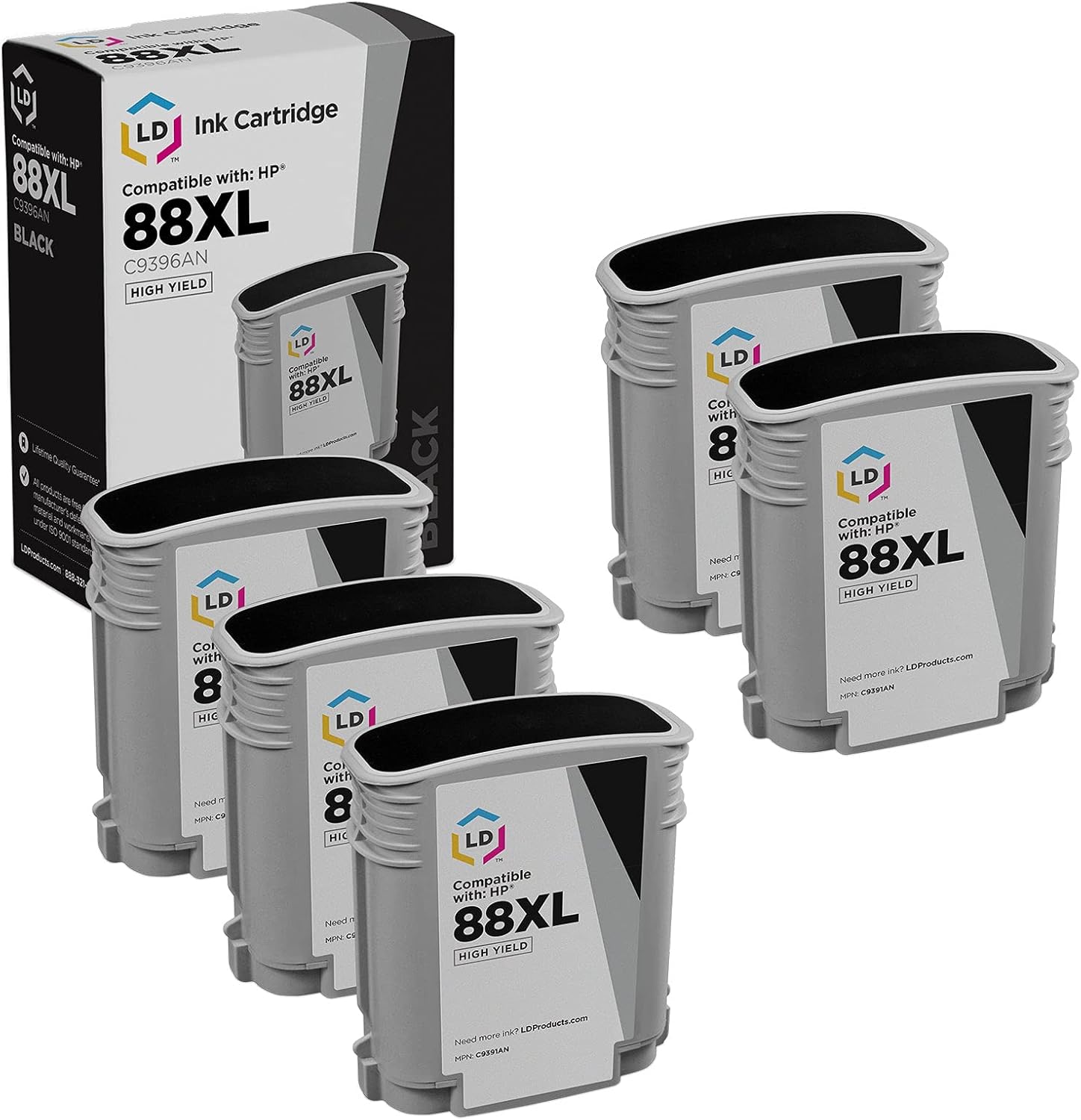 LD Remanufactured Ink Cartridge Replacement for HP 88XL C9396AN High Yield (Black, 5-Pack) Compatible with K5300 K5400 K5400dn K5400dtn K5400tn K5456z K550 K550dtn K550dtwn