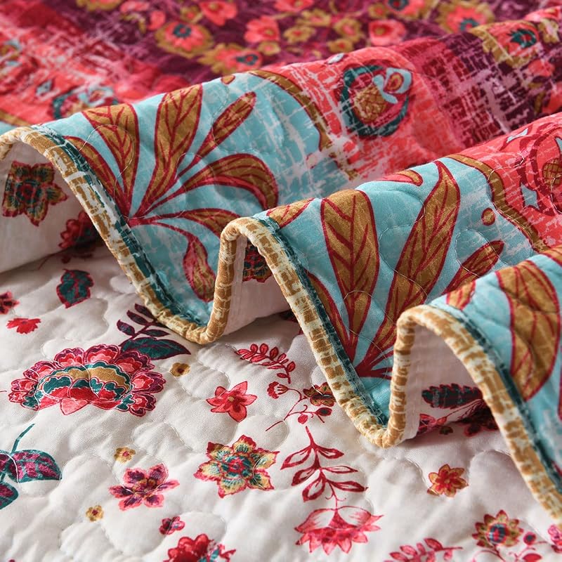 Boho Style Twin Size Quilt Set Reversible Bohemian Floral Strip Quilt Beddding Set, Soft and Lightweight Bedspread for All Season,XL Twin Bed Coverlet with 1 Matching Pillow Sham (2 Pieces) image 7