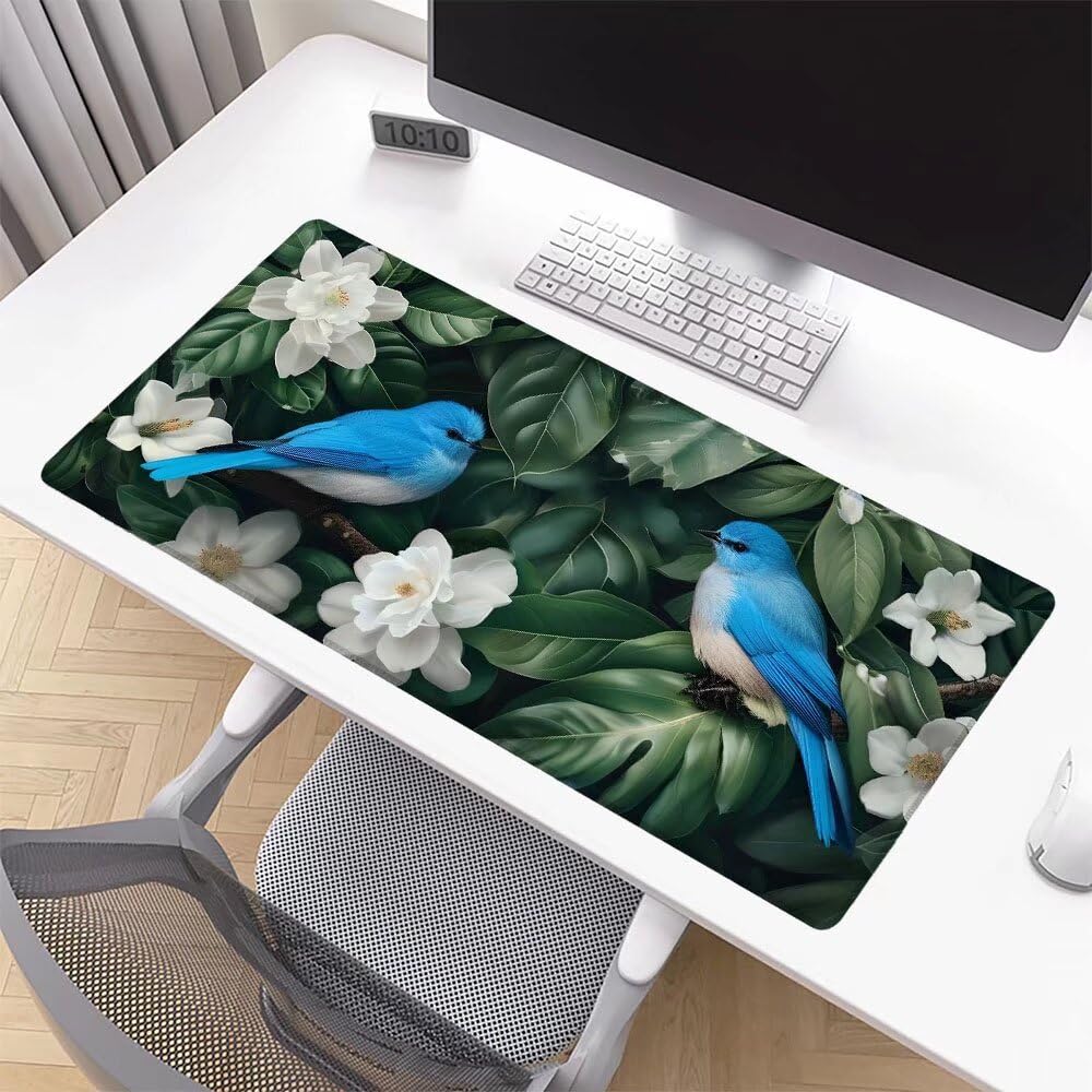 Podkładka pod mysz Ptak, 100 x 50 cm, rozszerzona duża podkładka pod mysz XXL, kwiat, do gier, antypoślizgowa gumowa podstawa, podkładka na biurko, przeszyte krawędzie, wodoodporna powierzchnia,